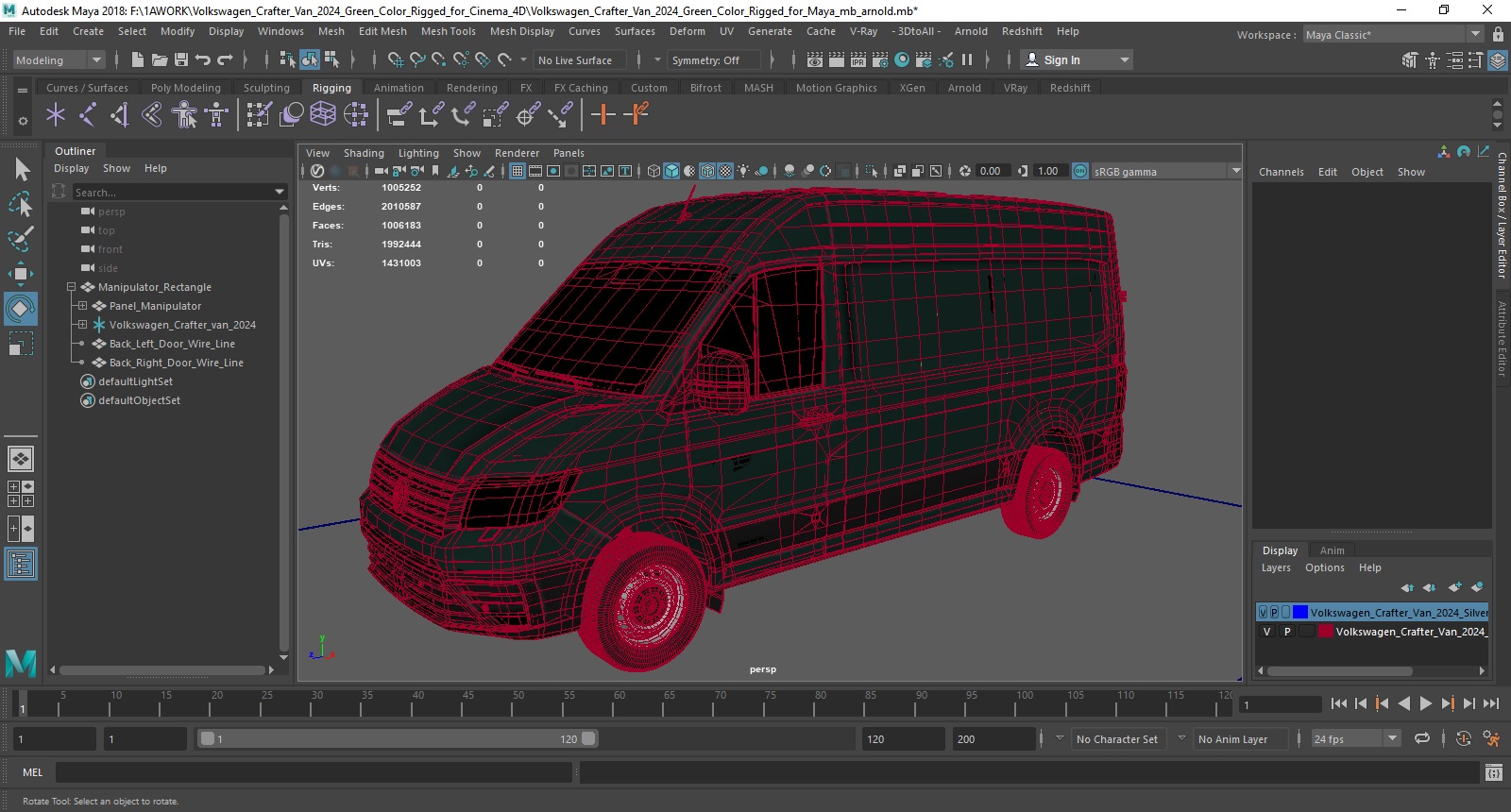 3D model Volkswagen Crafter Van 2024 Green Color Rigged for Maya
