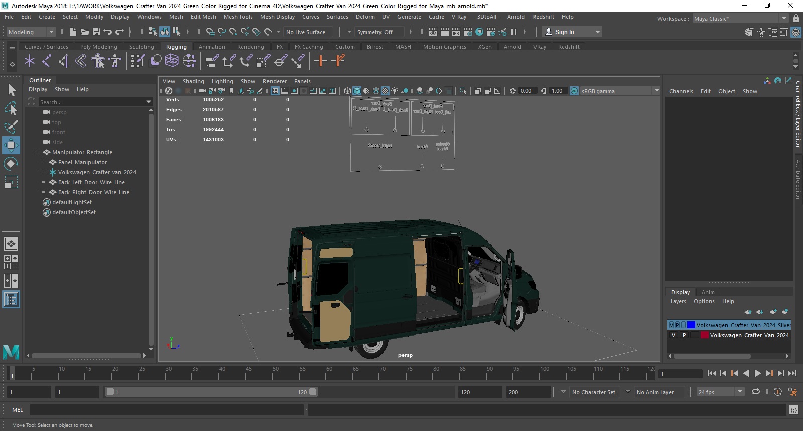3D model Volkswagen Crafter Van 2024 Green Color Rigged for Maya