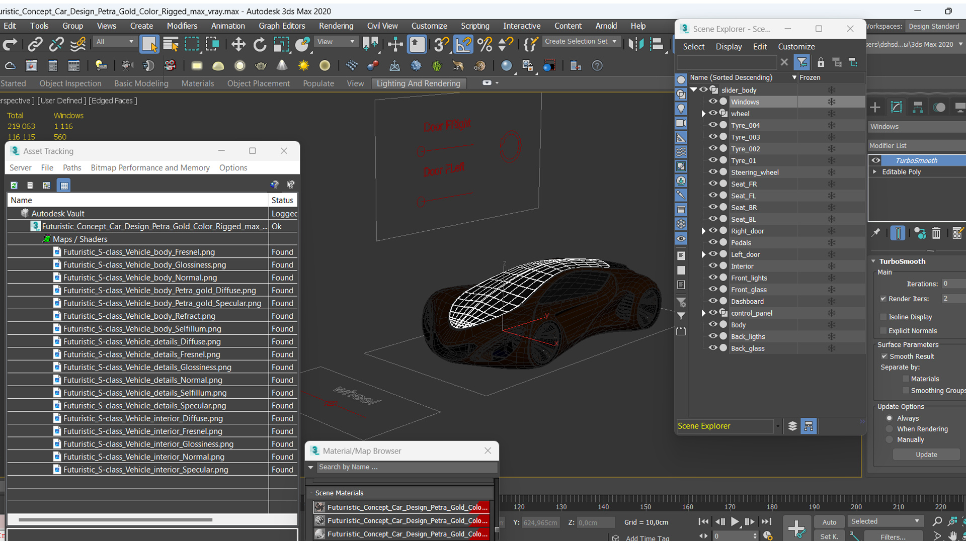3D Futuristic Concept Car Design Petra Gold Color Rigged model