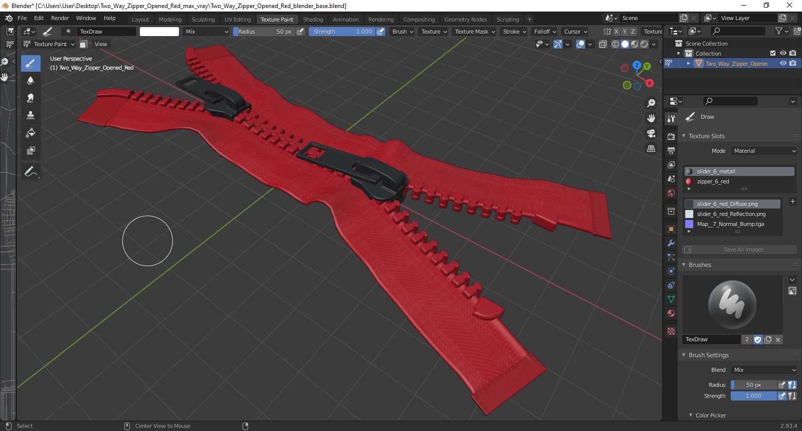 3D model Two Way Zipper Opened Red