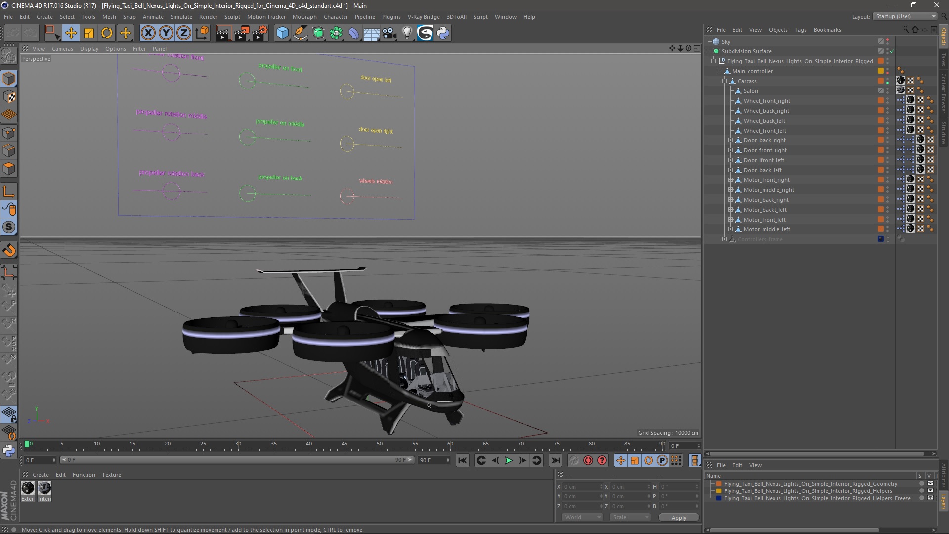 Flying Taxi Bell Nexus Lights On Simple Interior Rigged for Cinema 4D 3D model