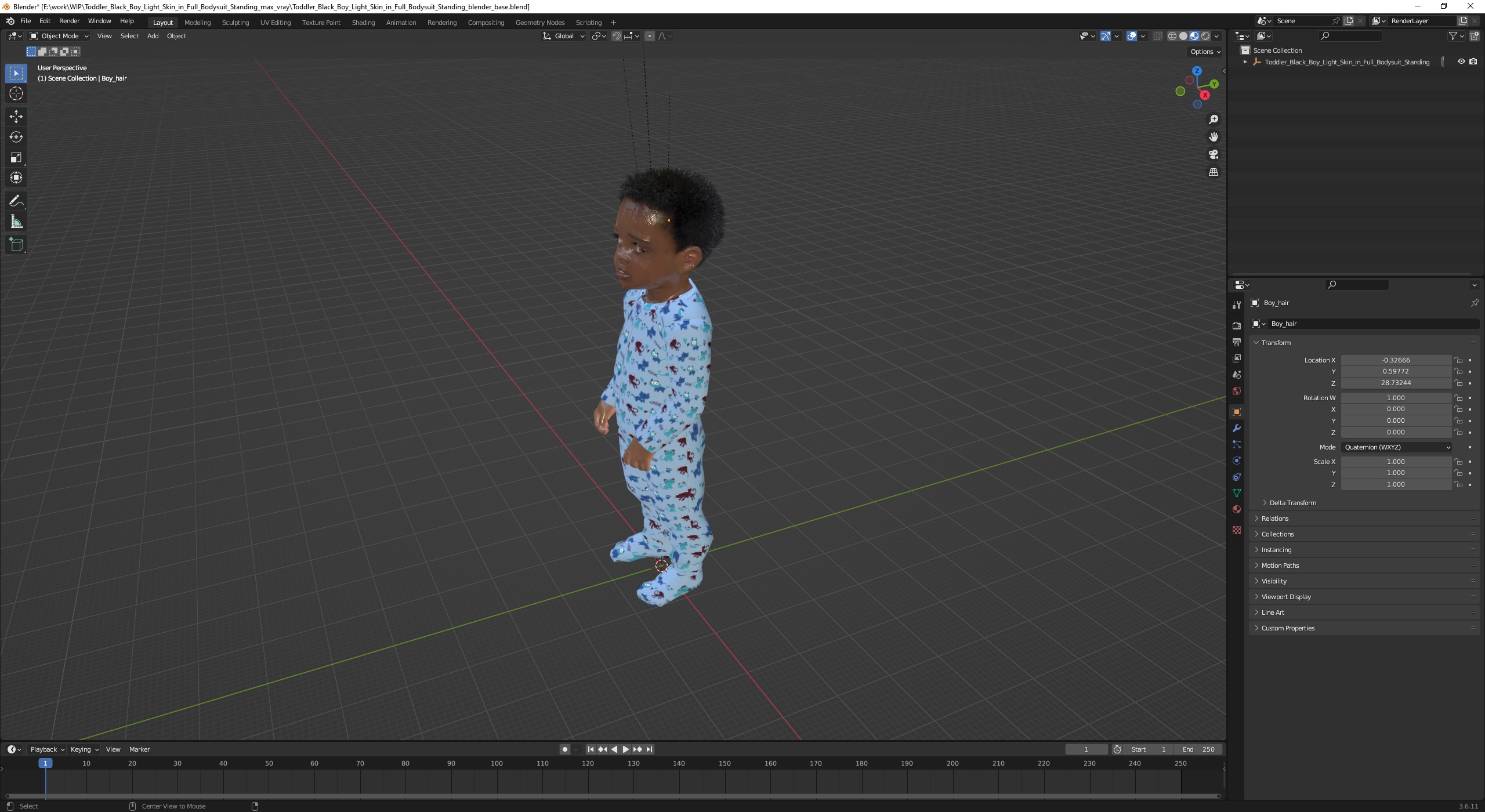 Toddler Black Boy Light Skin in Full Bodysuit Standing 3D model