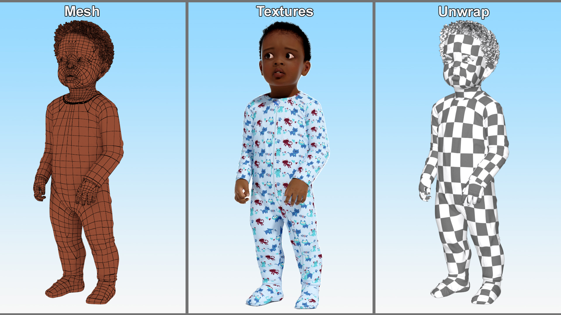Toddler Black Boy Light Skin in Full Bodysuit Standing 3D model