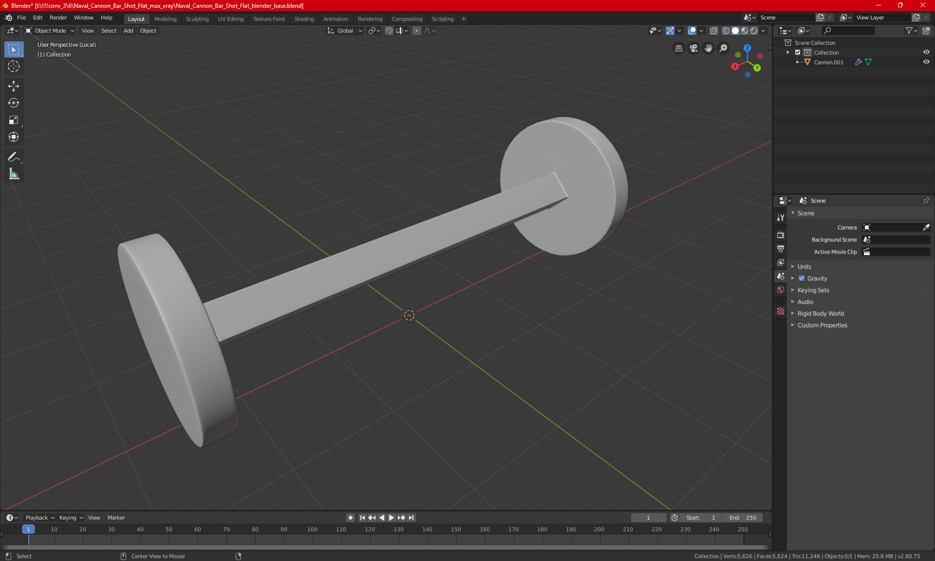 3D Naval Cannon Bar Shot Flat