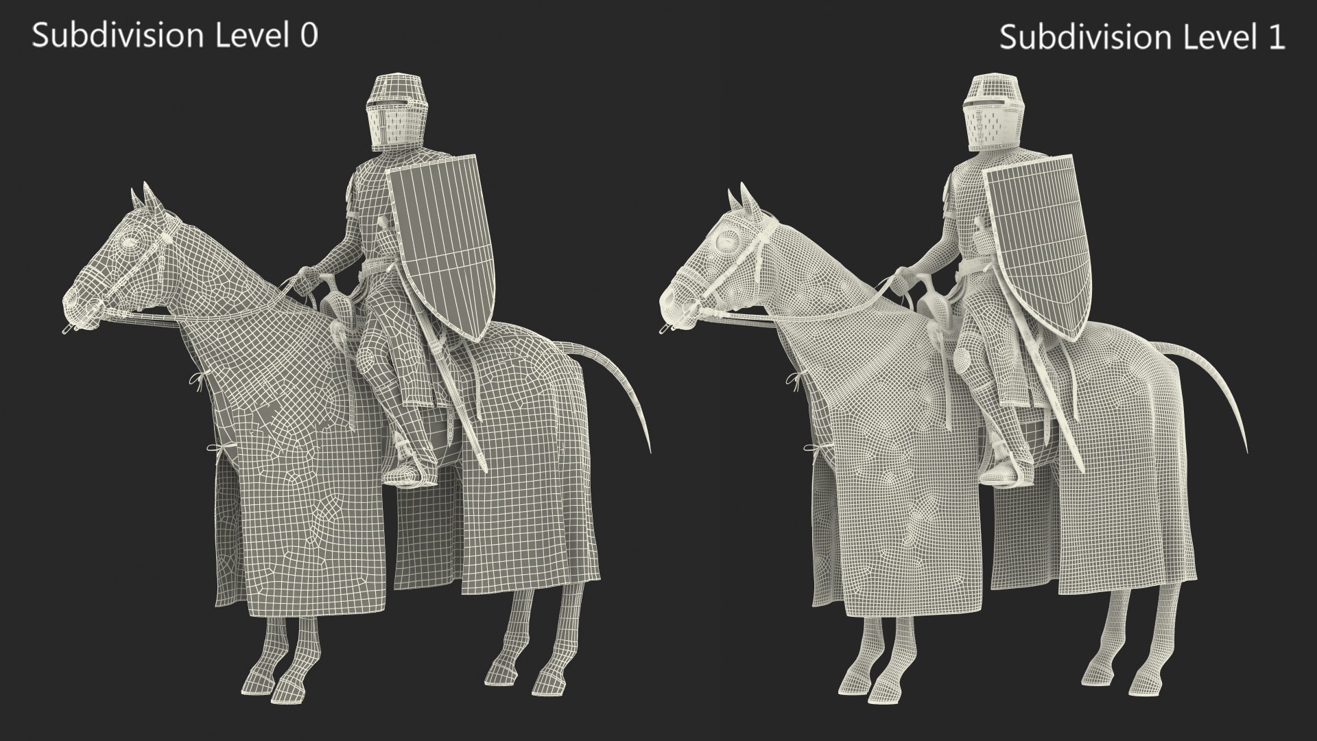 3D model Crusader Horse Armor Dirty with Rider in the Saddle Fur