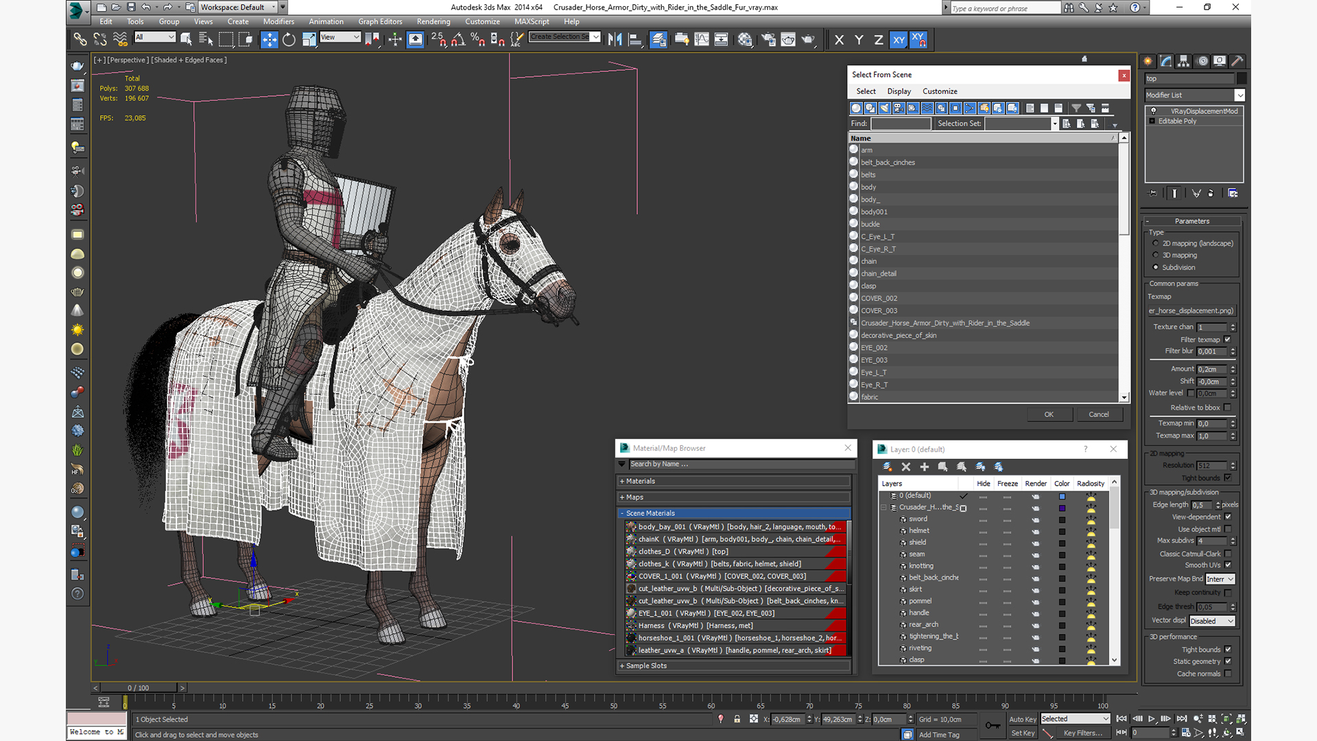 3D model Crusader Horse Armor Dirty with Rider in the Saddle Fur