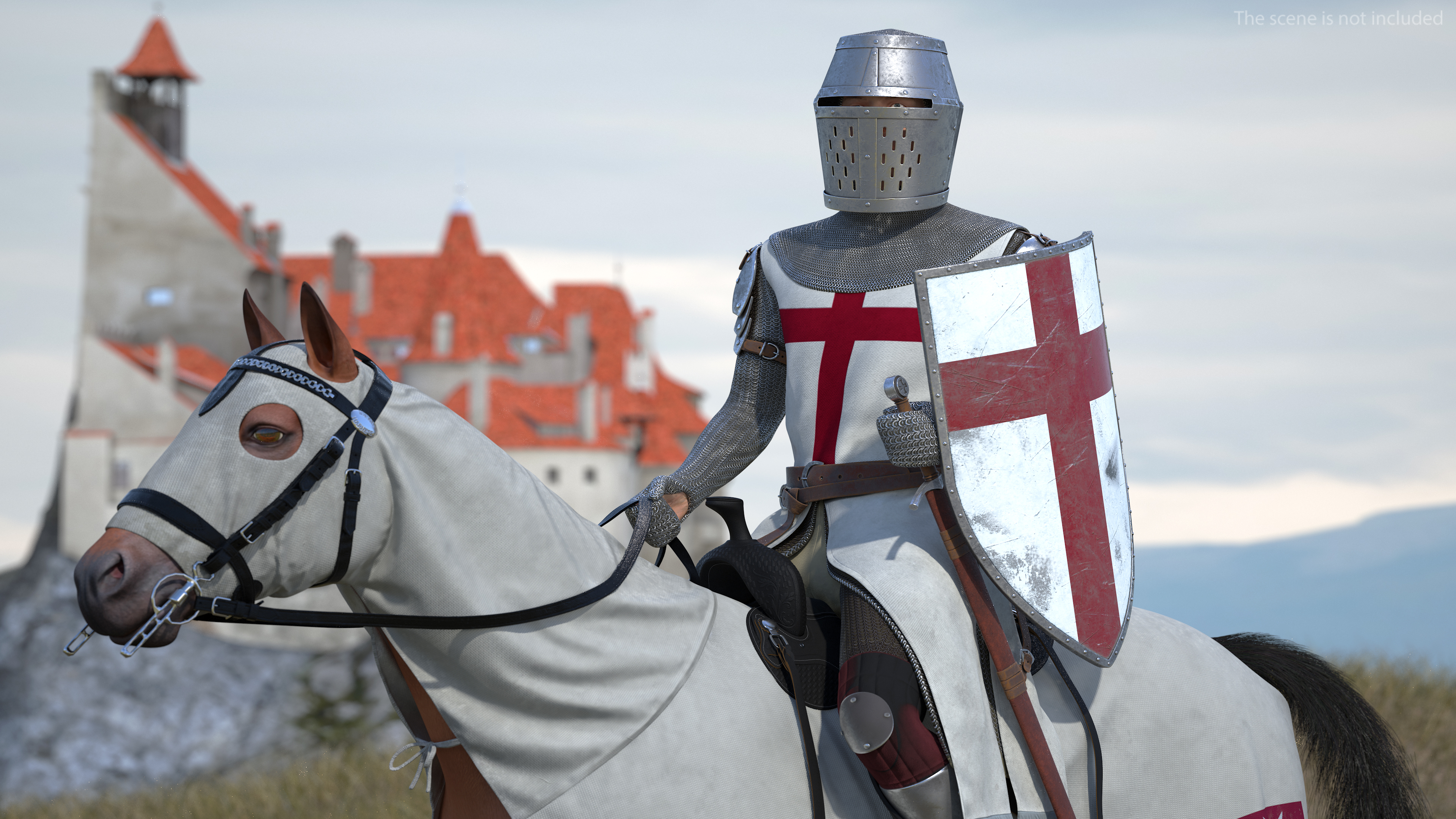 3D model Crusader Horse Armor Dirty with Rider in the Saddle Fur