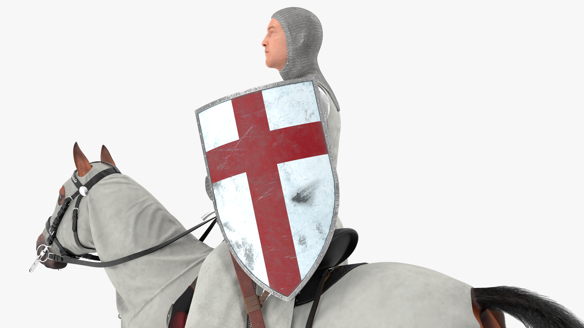 3D model Crusader Horse Armor Dirty with Rider in the Saddle Fur