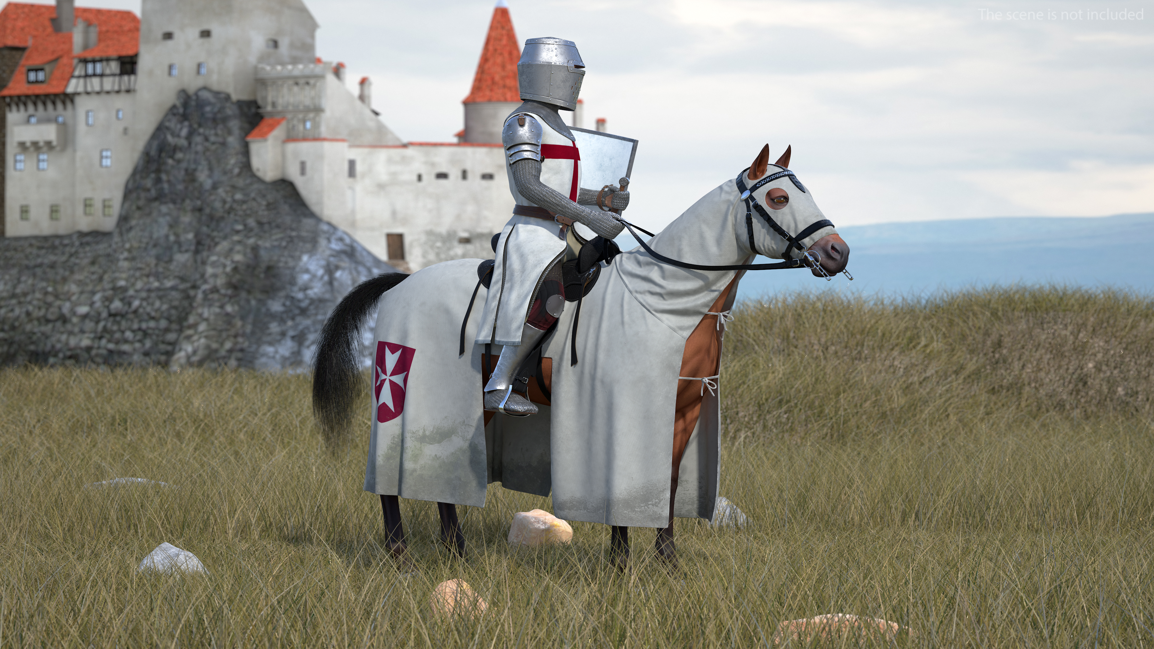 3D model Crusader Horse Armor Dirty with Rider in the Saddle Fur