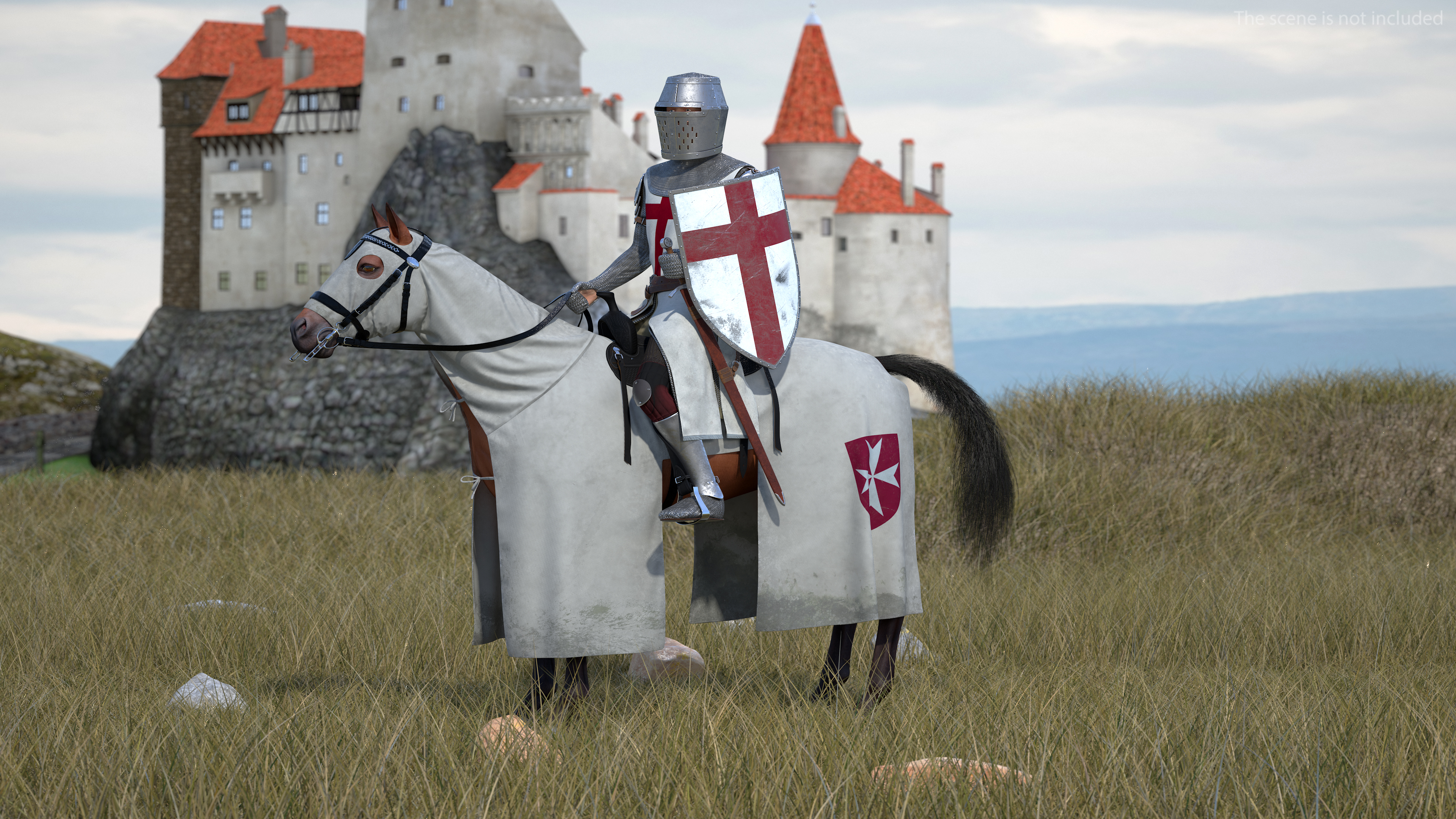 3D model Crusader Horse Armor Dirty with Rider in the Saddle Fur