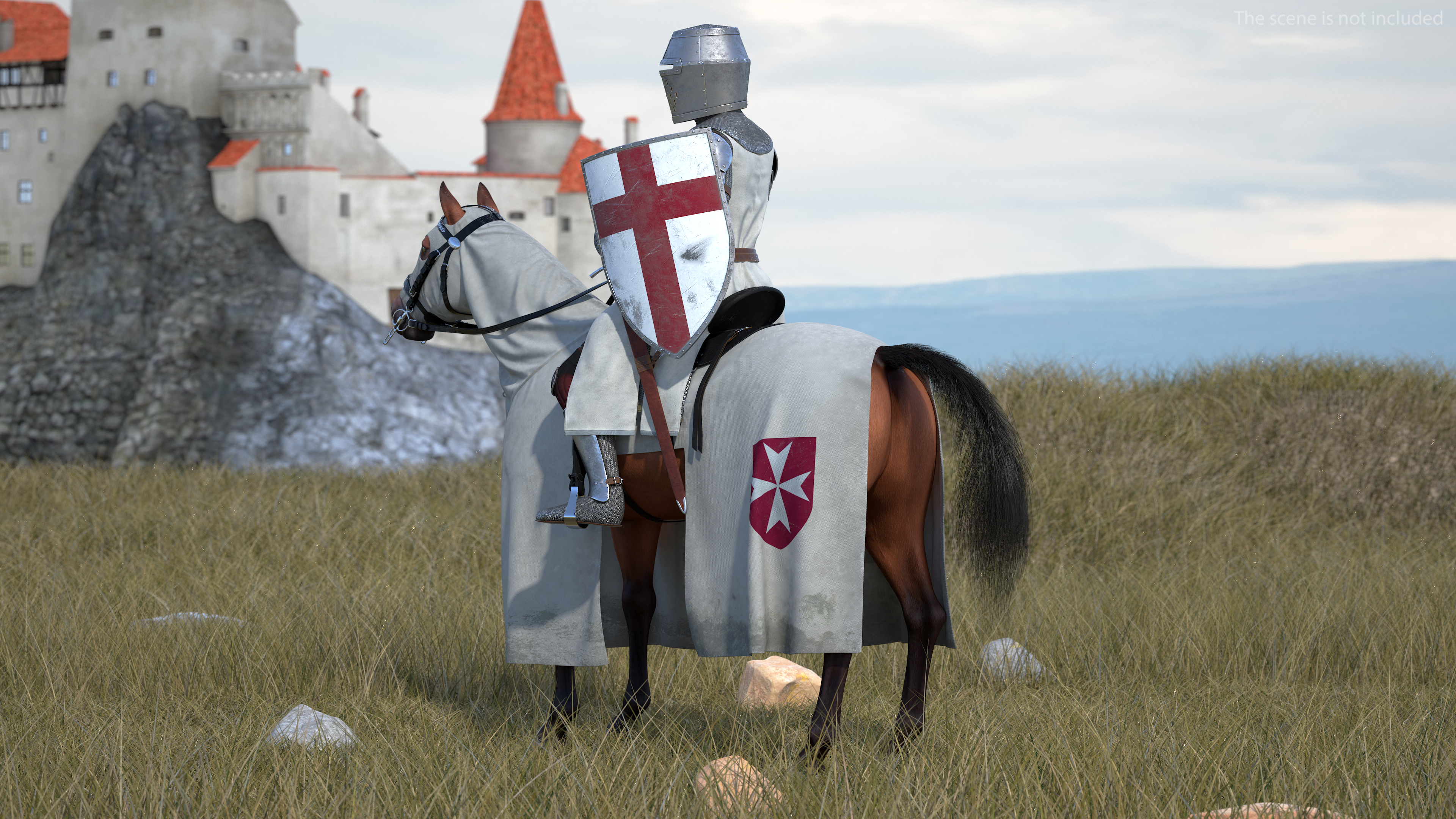 3D model Crusader Horse Armor Dirty with Rider in the Saddle Fur