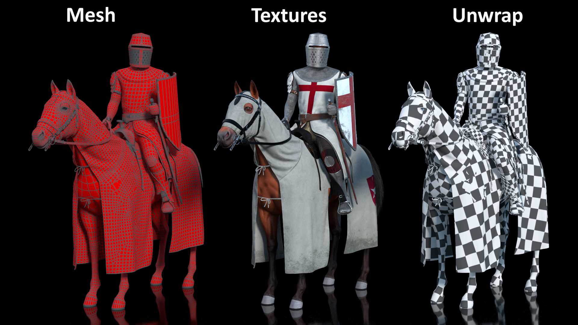 3D model Crusader Horse Armor Dirty with Rider in the Saddle Fur