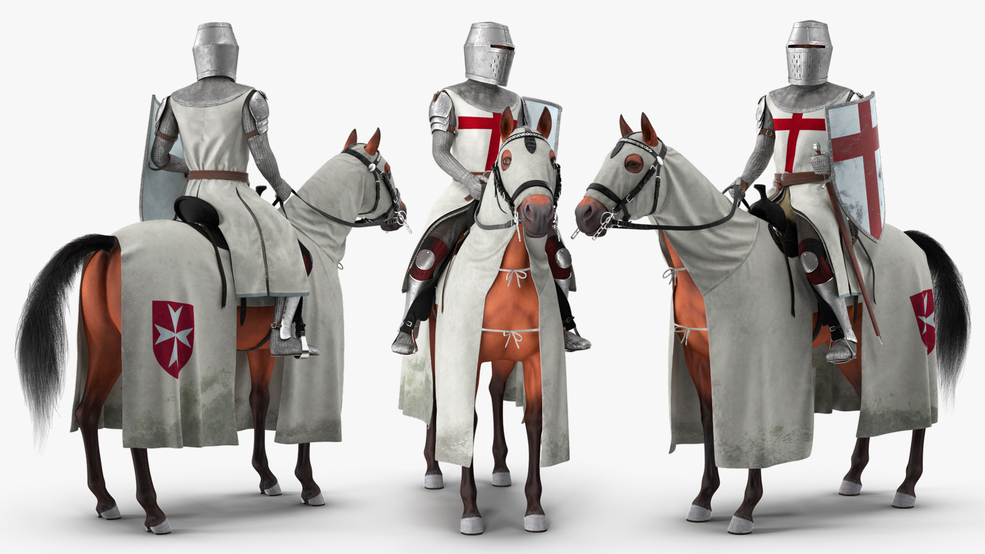 3D model Crusader Horse Armor Dirty with Rider in the Saddle Fur