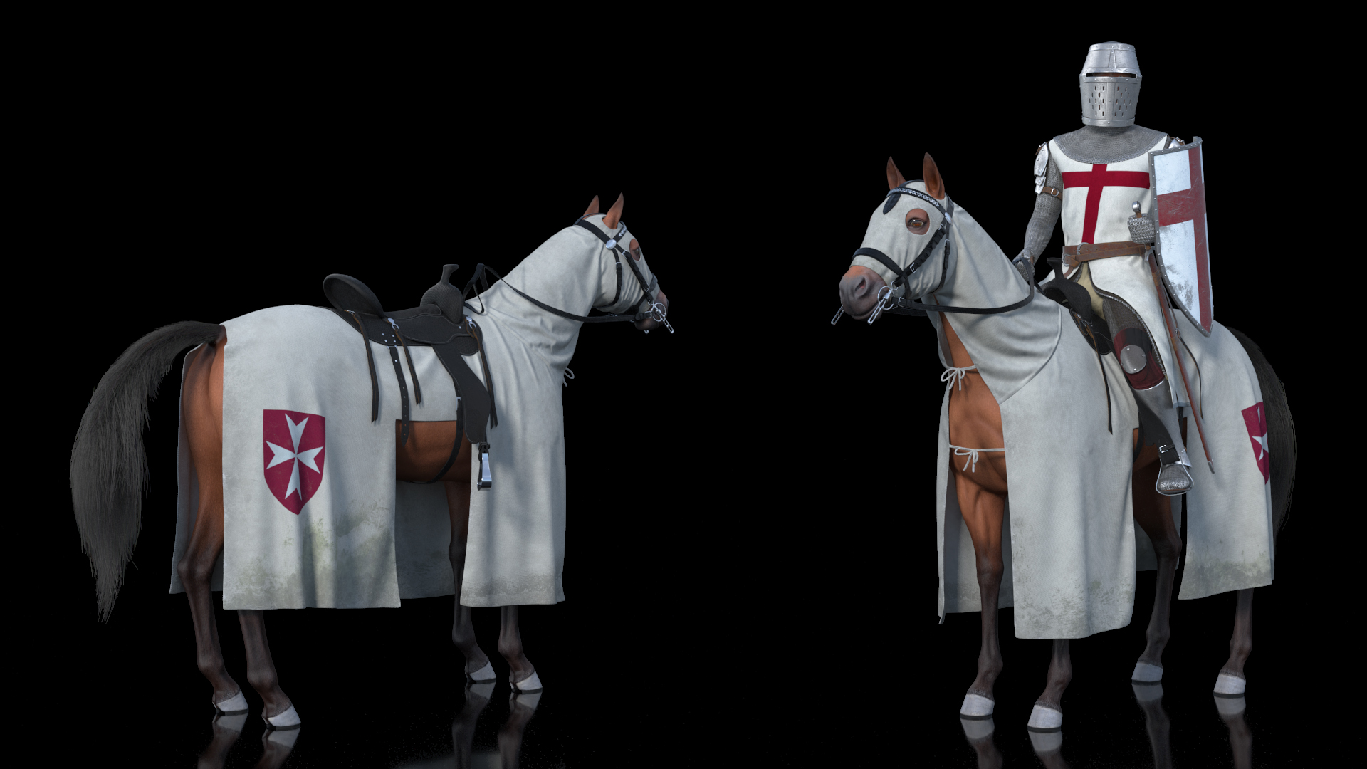 3D model Crusader Horse Armor Dirty with Rider in the Saddle Fur