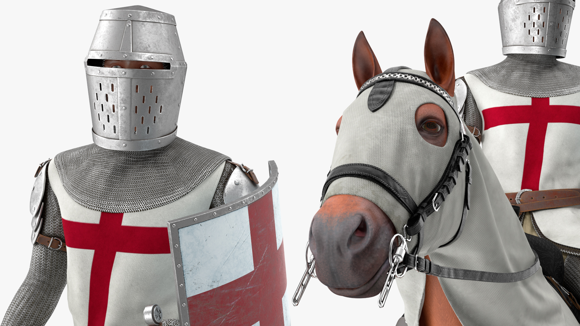 3D model Crusader Horse Armor Dirty with Rider in the Saddle Fur