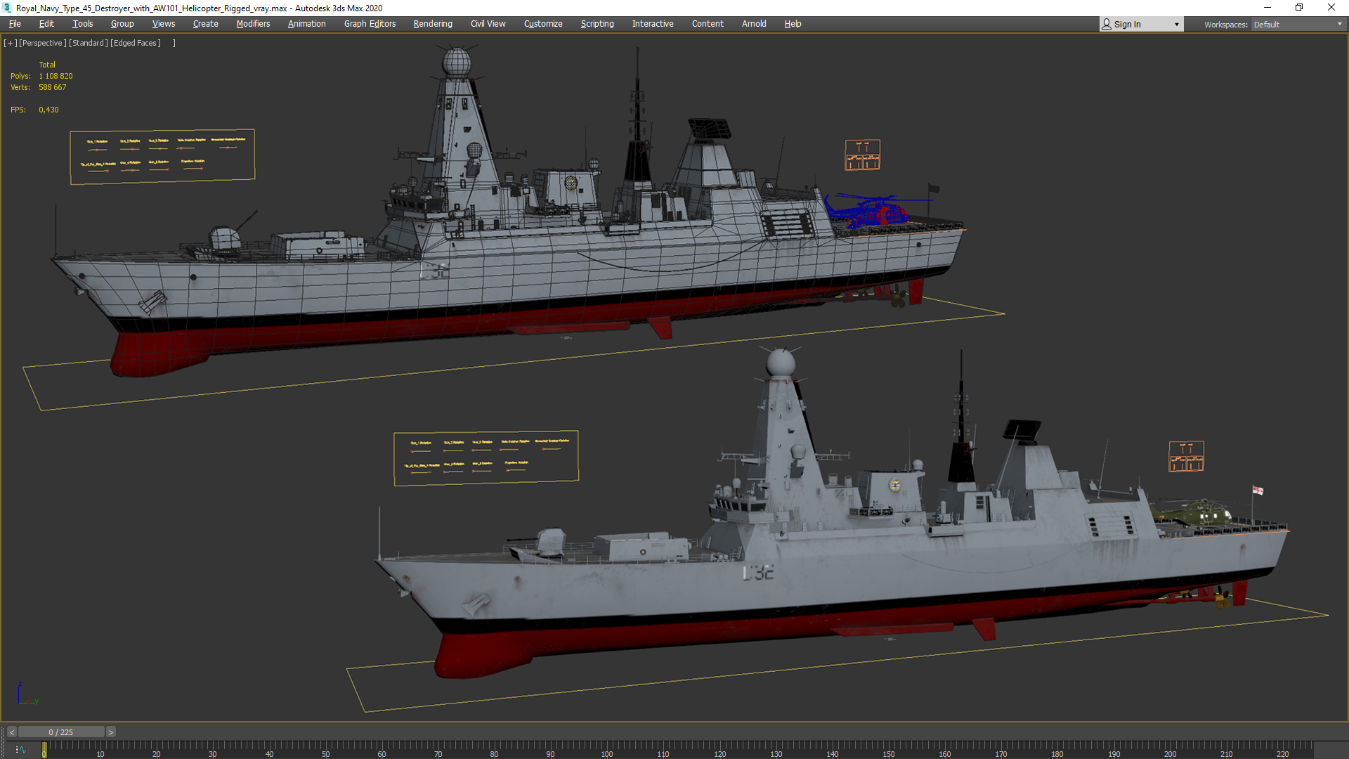 Royal Navy Type 45 Destroyer with AW101 Helicopter Rigged 3D