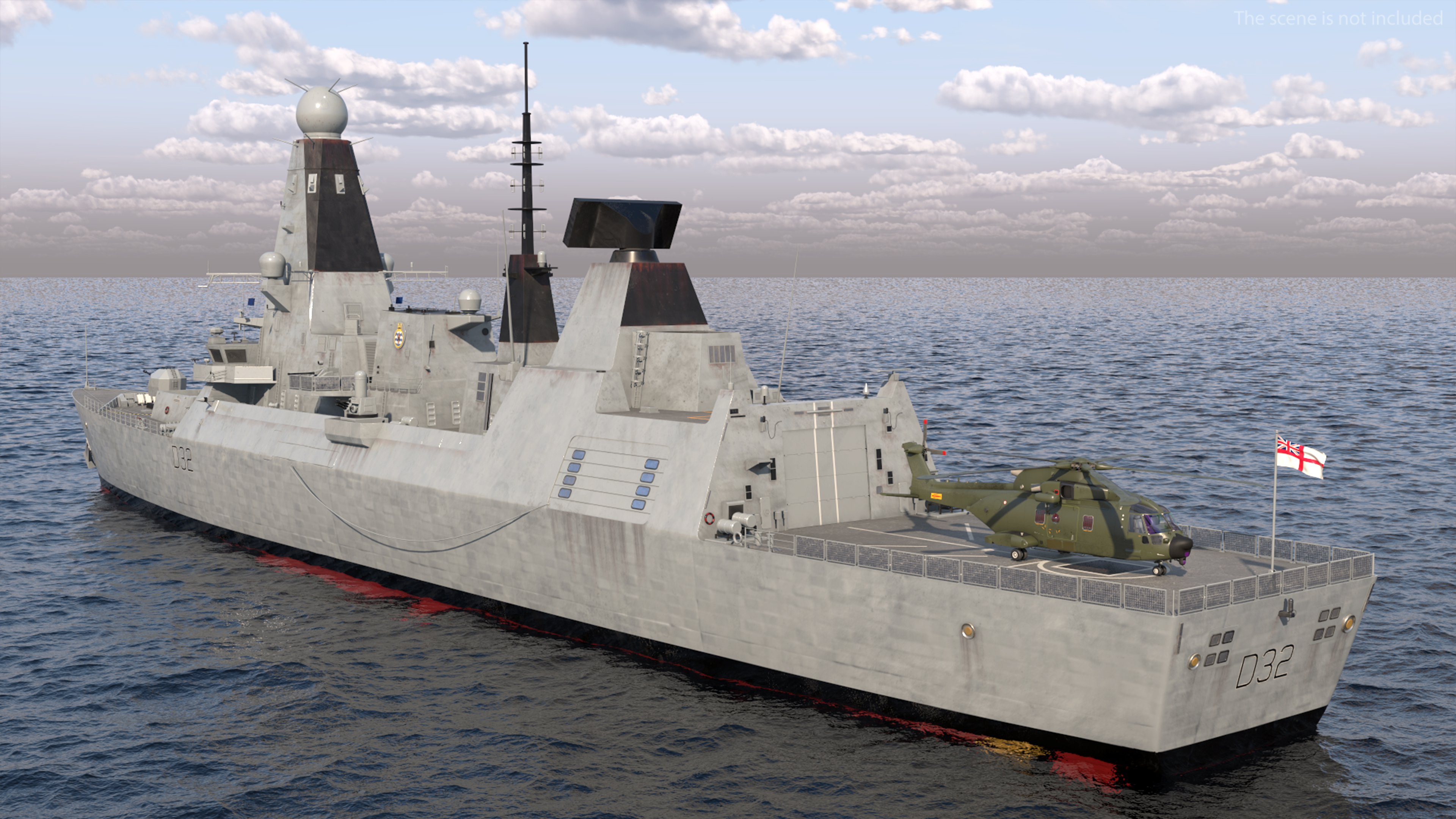 Royal Navy Type 45 Destroyer with AW101 Helicopter Rigged 3D