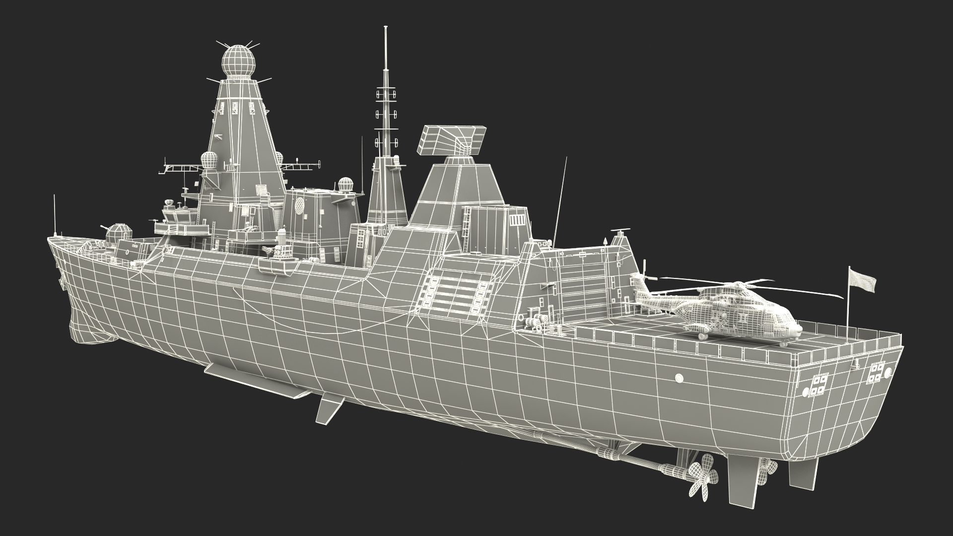 Royal Navy Type 45 Destroyer with AW101 Helicopter Rigged 3D