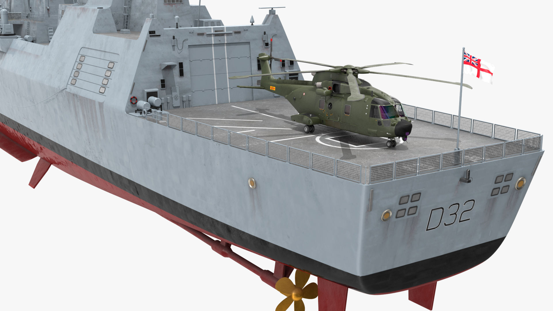 Royal Navy Type 45 Destroyer with AW101 Helicopter Rigged 3D