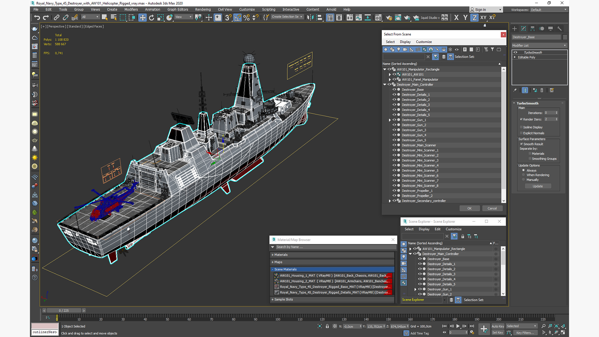 Royal Navy Type 45 Destroyer with AW101 Helicopter Rigged 3D