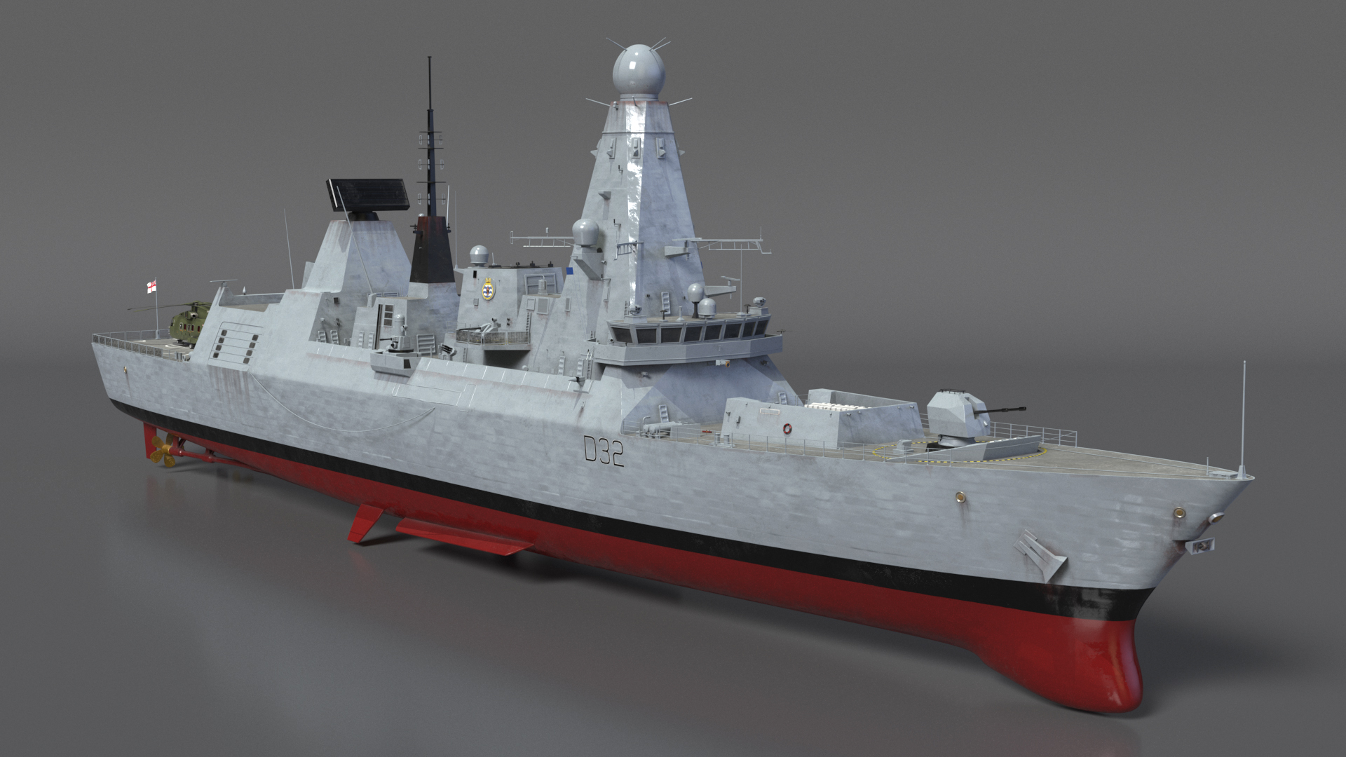 Royal Navy Type 45 Destroyer with AW101 Helicopter Rigged 3D