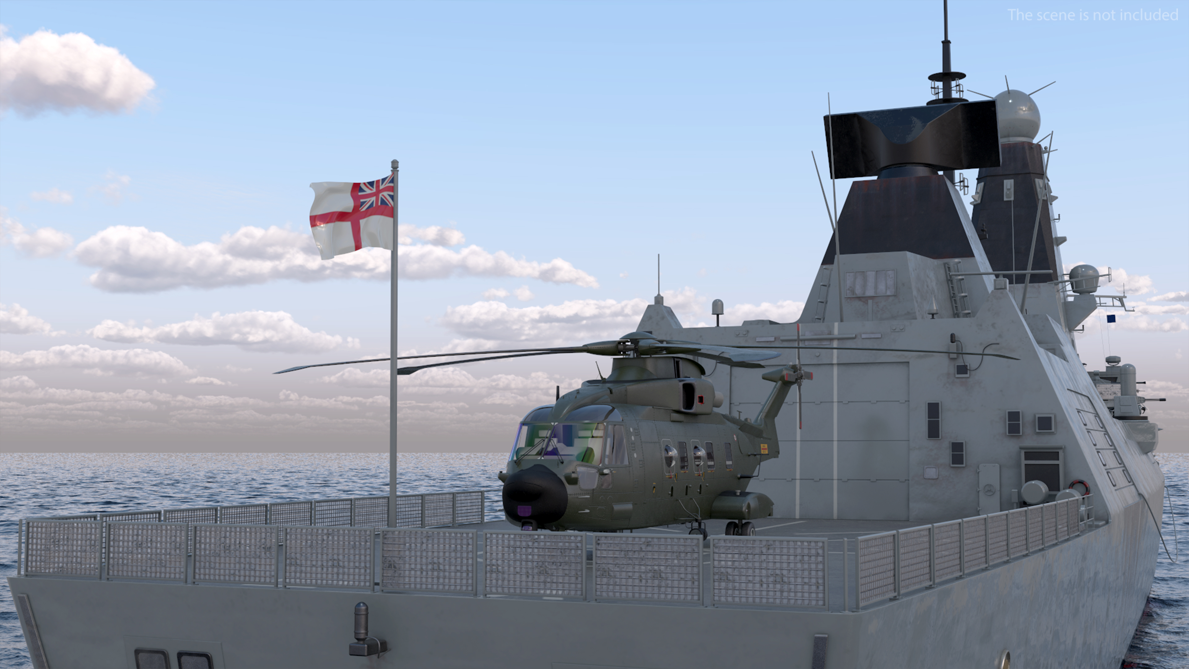 Royal Navy Type 45 Destroyer with AW101 Helicopter Rigged 3D