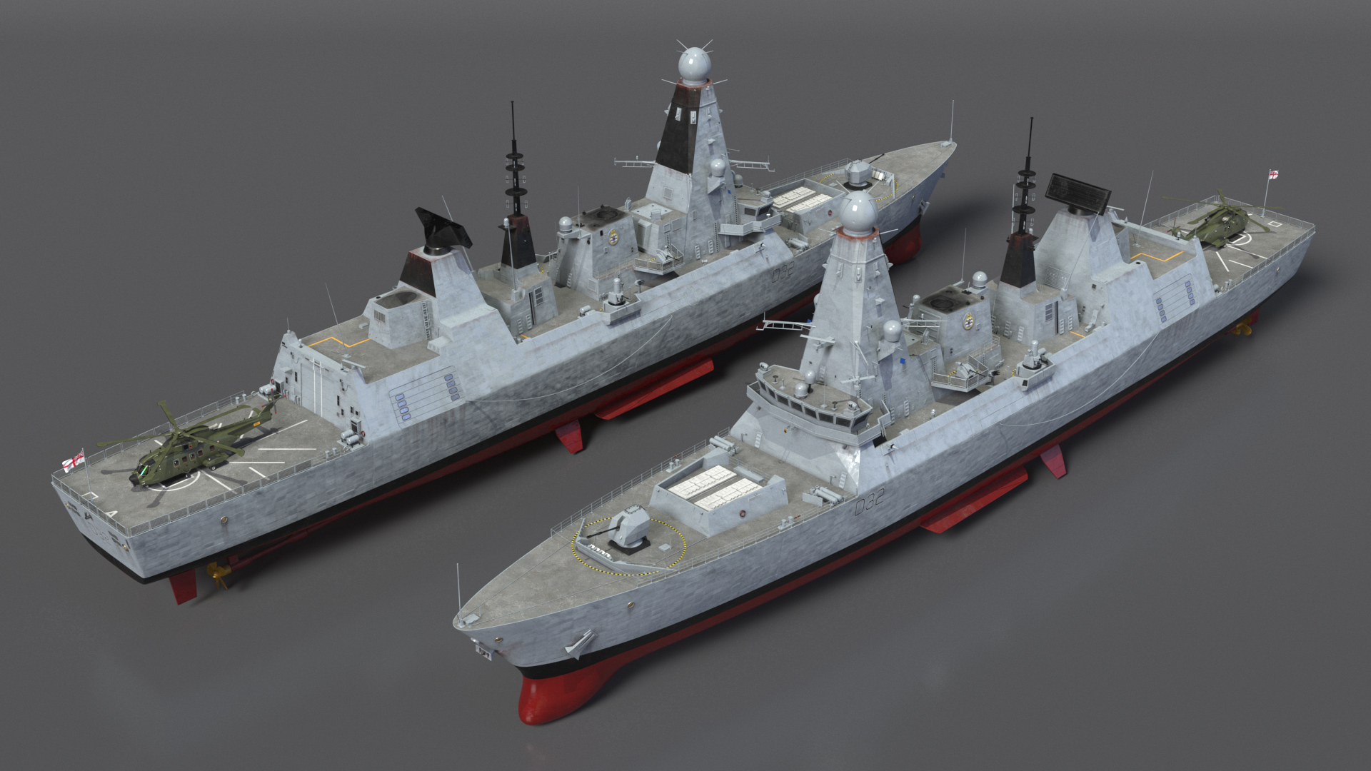 Royal Navy Type 45 Destroyer with AW101 Helicopter Rigged 3D