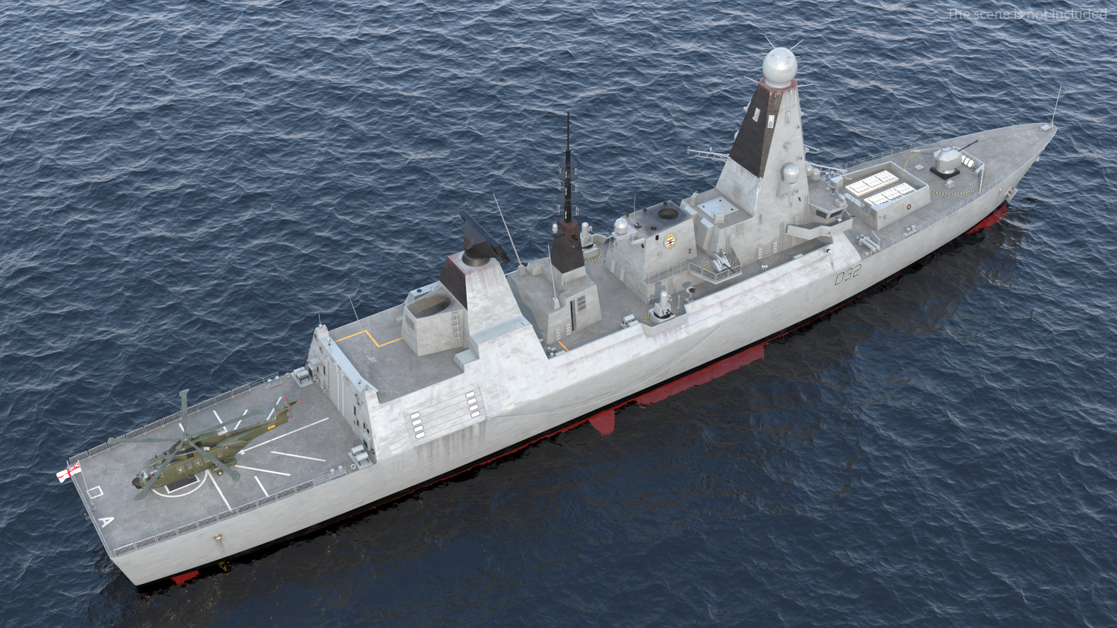 Royal Navy Type 45 Destroyer with AW101 Helicopter Rigged 3D