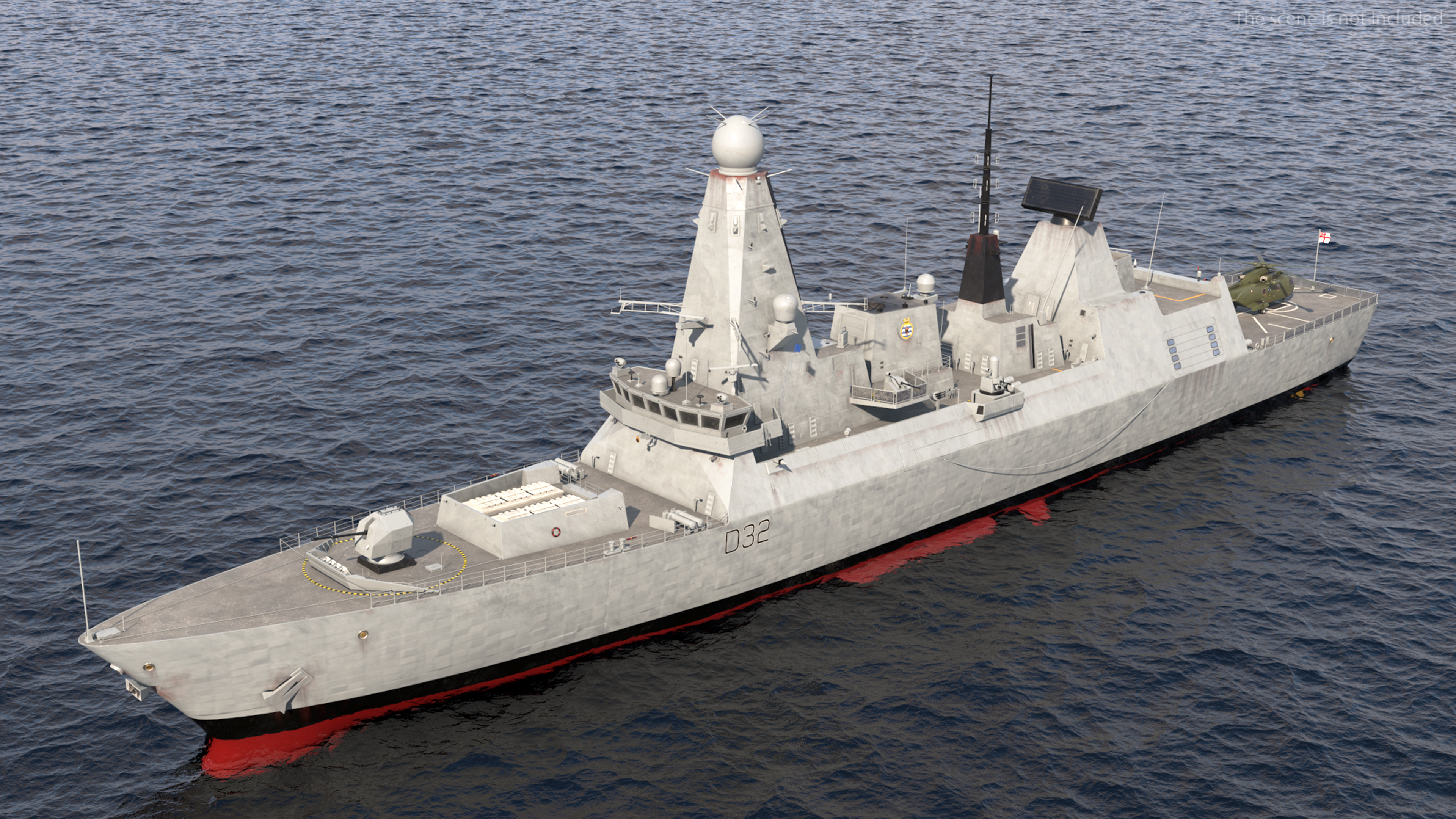 Royal Navy Type 45 Destroyer with AW101 Helicopter Rigged 3D