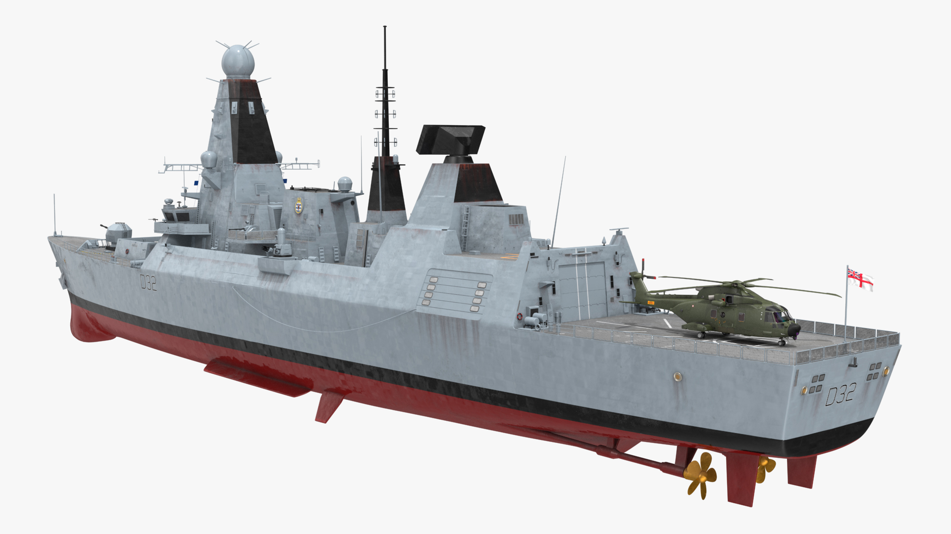 Royal Navy Type 45 Destroyer with AW101 Helicopter Rigged 3D