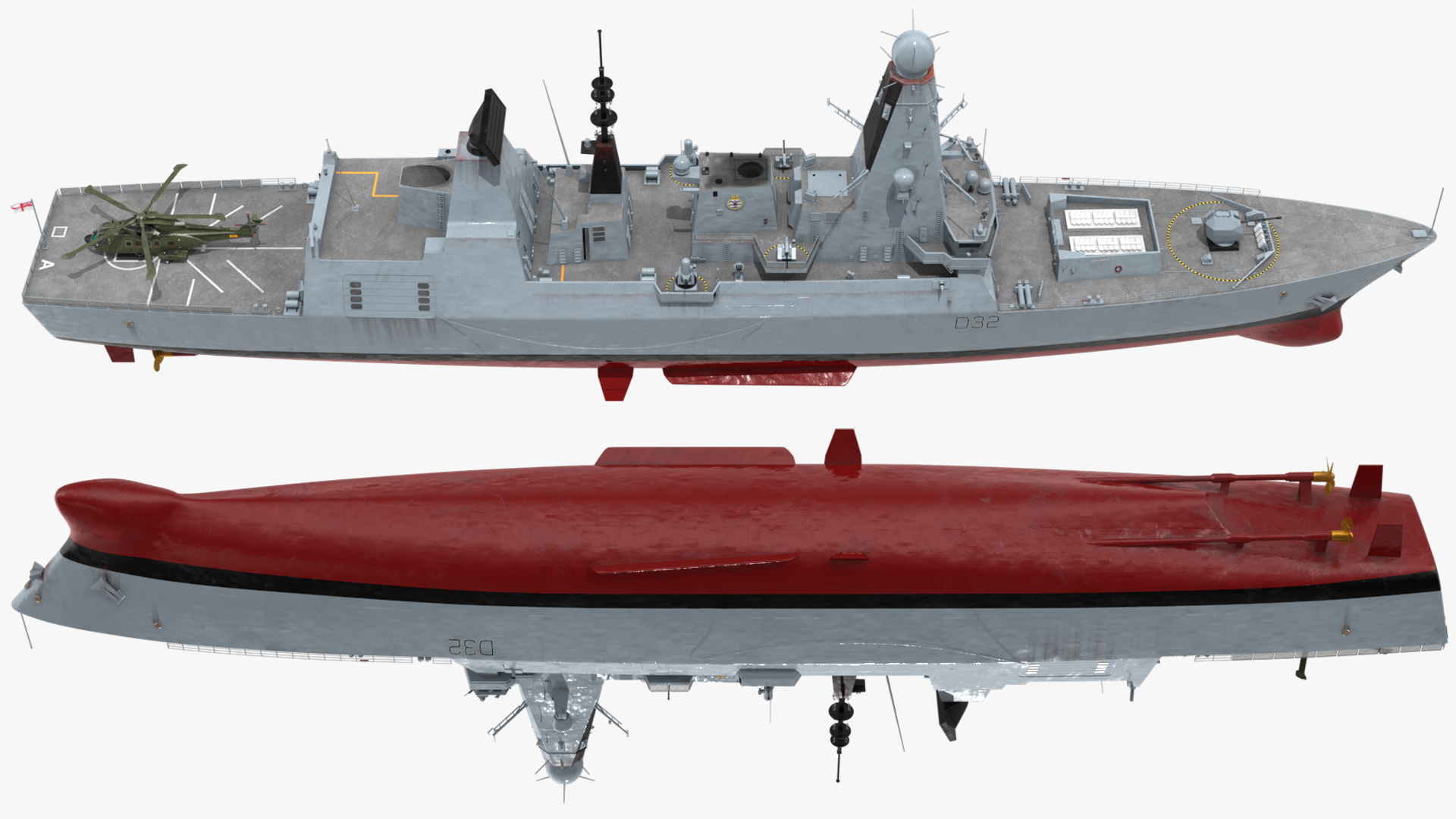 Royal Navy Type 45 Destroyer with AW101 Helicopter Rigged 3D