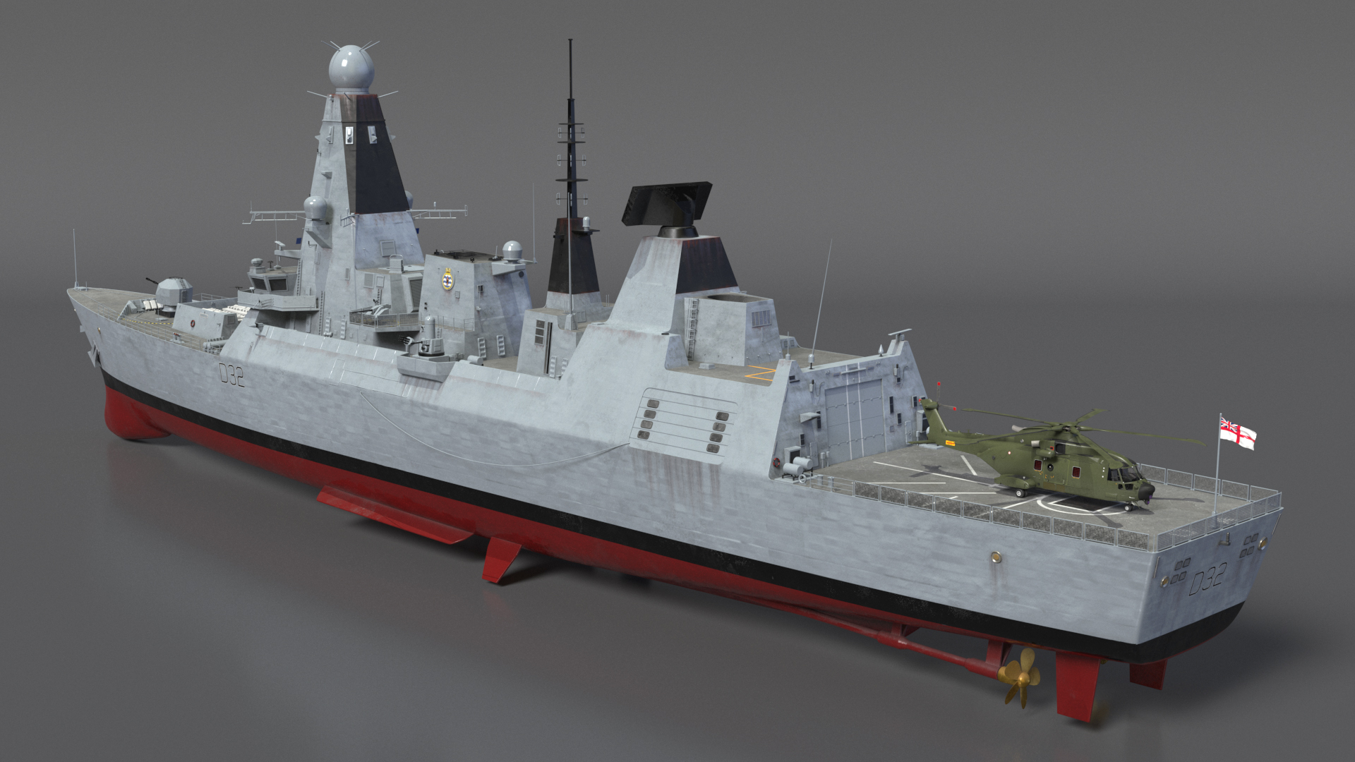Royal Navy Type 45 Destroyer with AW101 Helicopter Rigged 3D