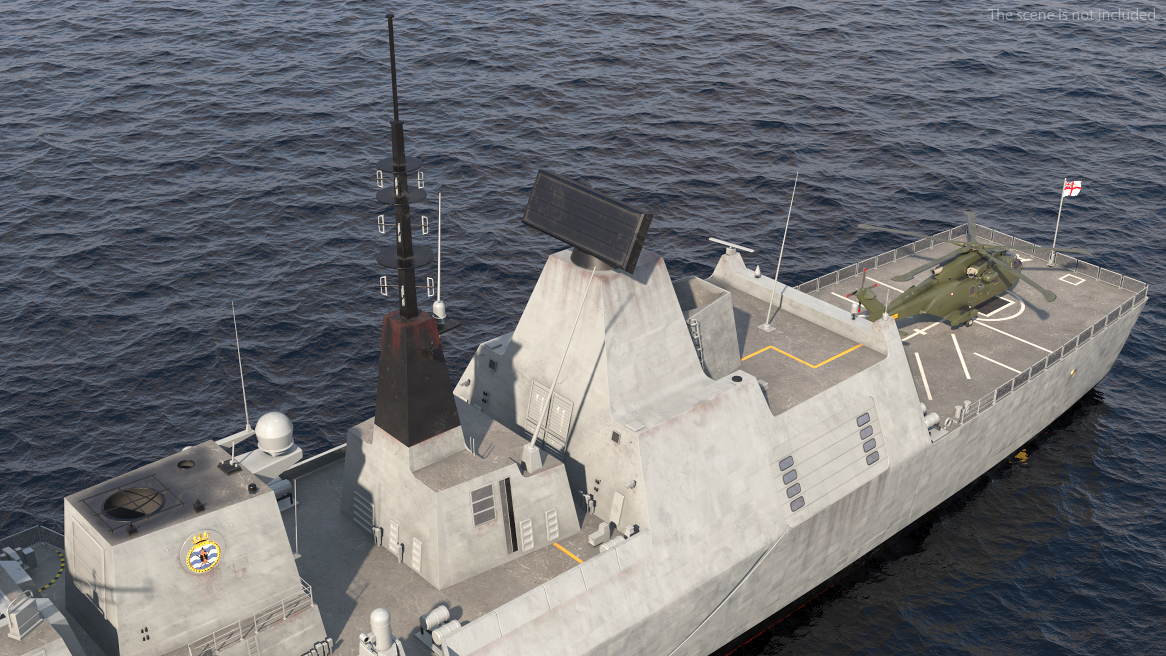 Royal Navy Type 45 Destroyer with AW101 Helicopter Rigged 3D