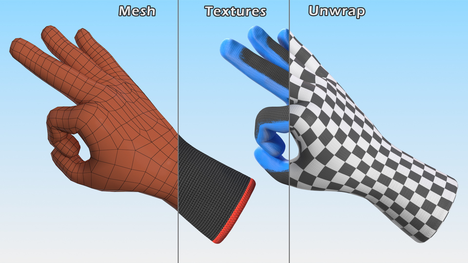 Safety Work Gloves OK Hand Gesture Blue Gray 3D model
