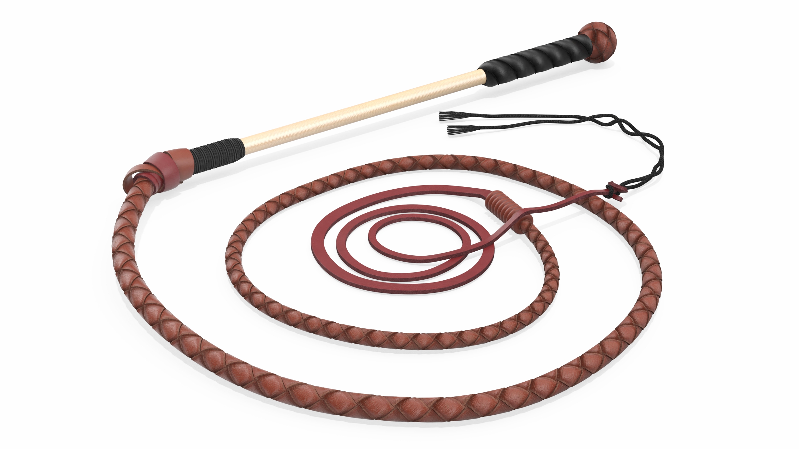 Braided Leather Bullwhip Coiled Brown 3D