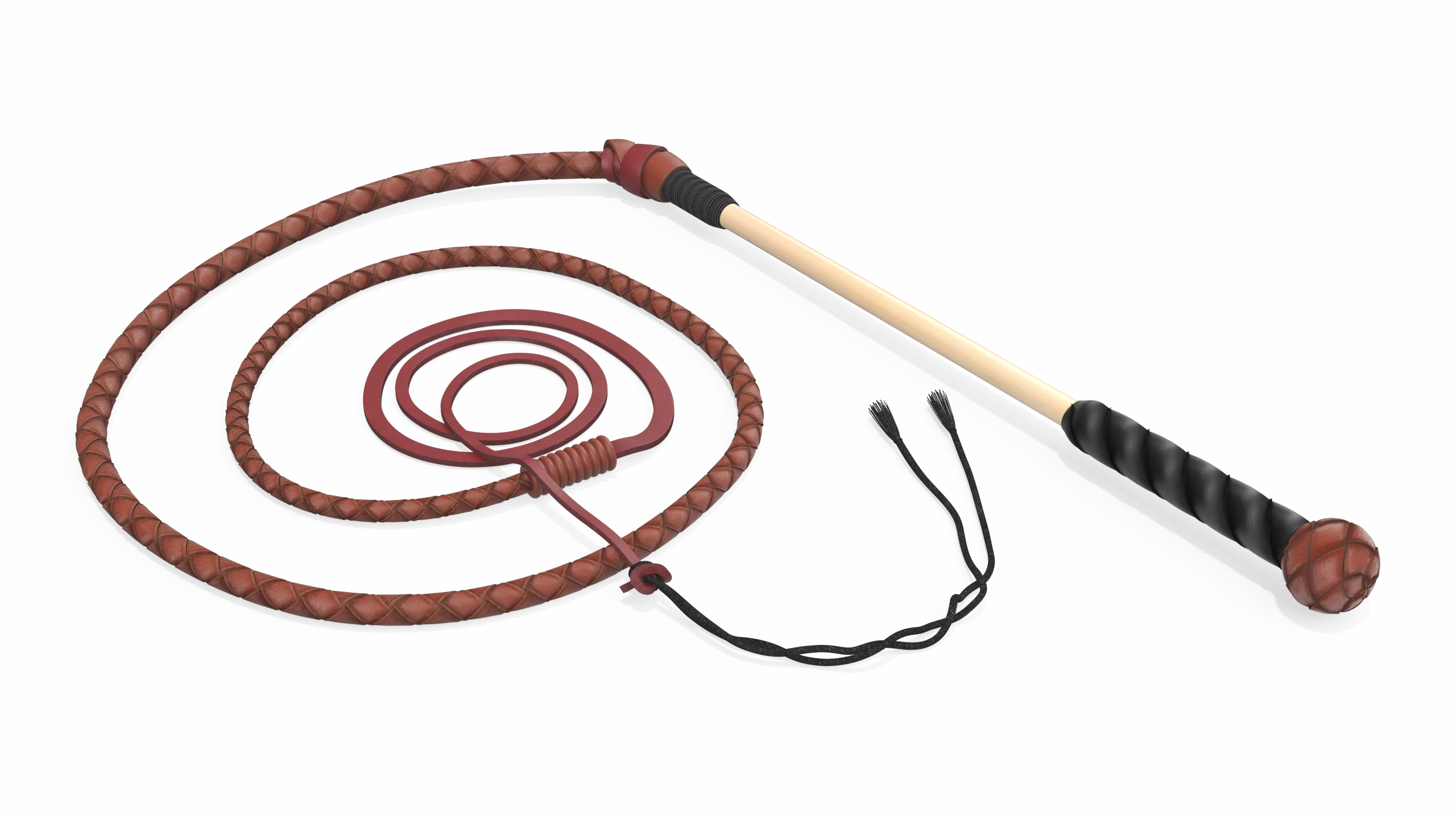 Braided Leather Bullwhip Coiled Brown 3D