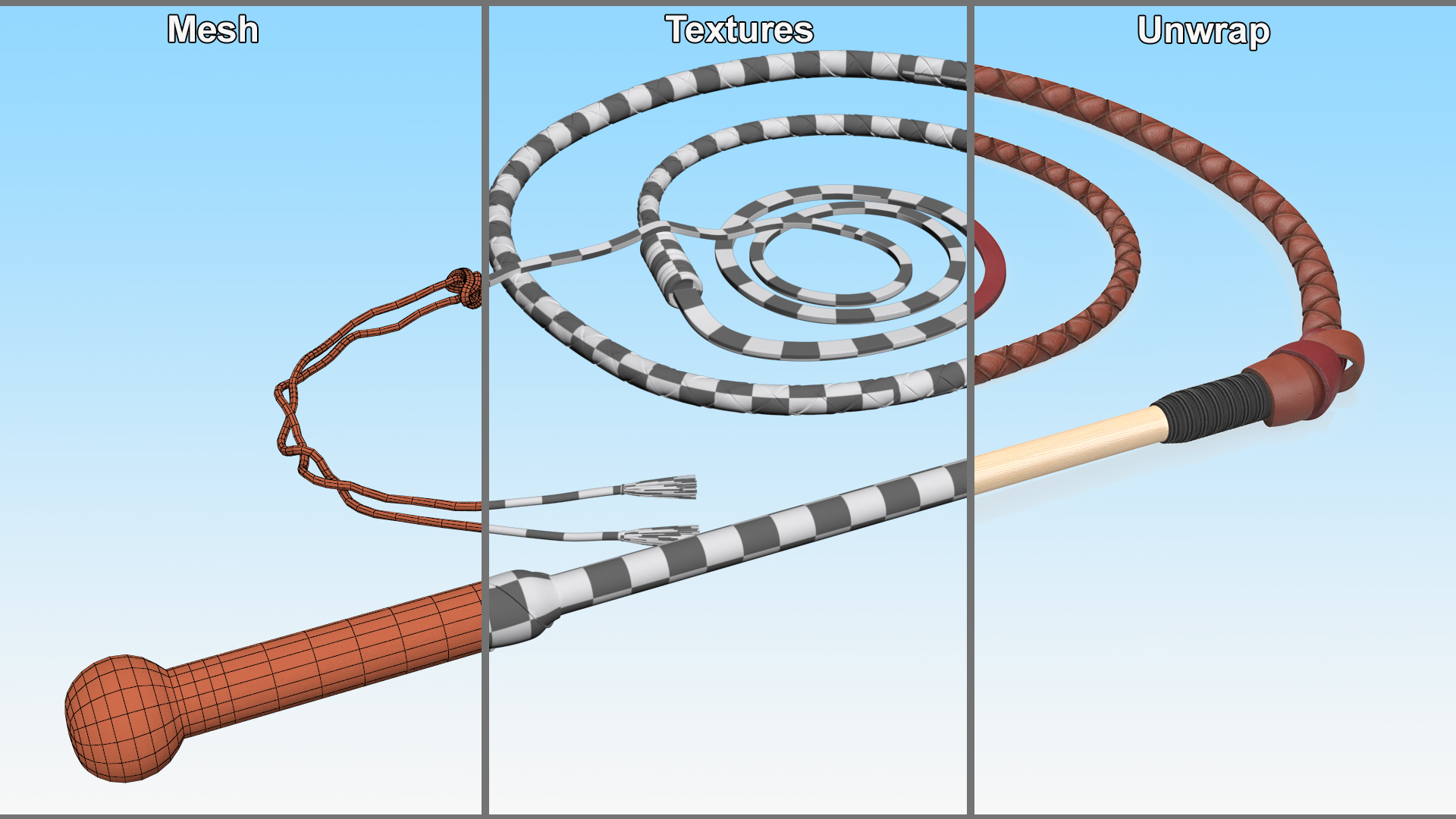 Braided Leather Bullwhip Coiled Brown 3D