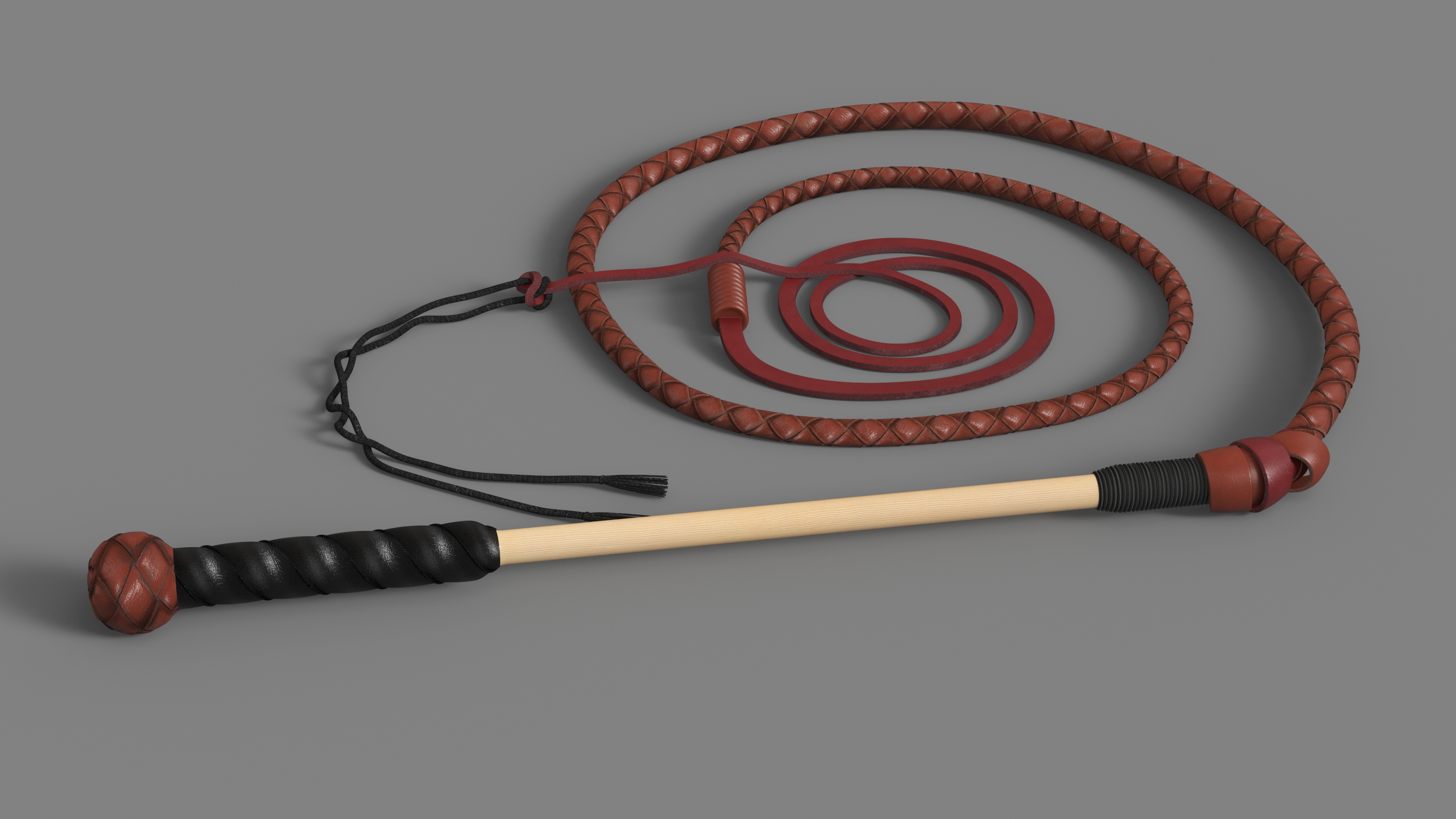 Braided Leather Bullwhip Coiled Brown 3D