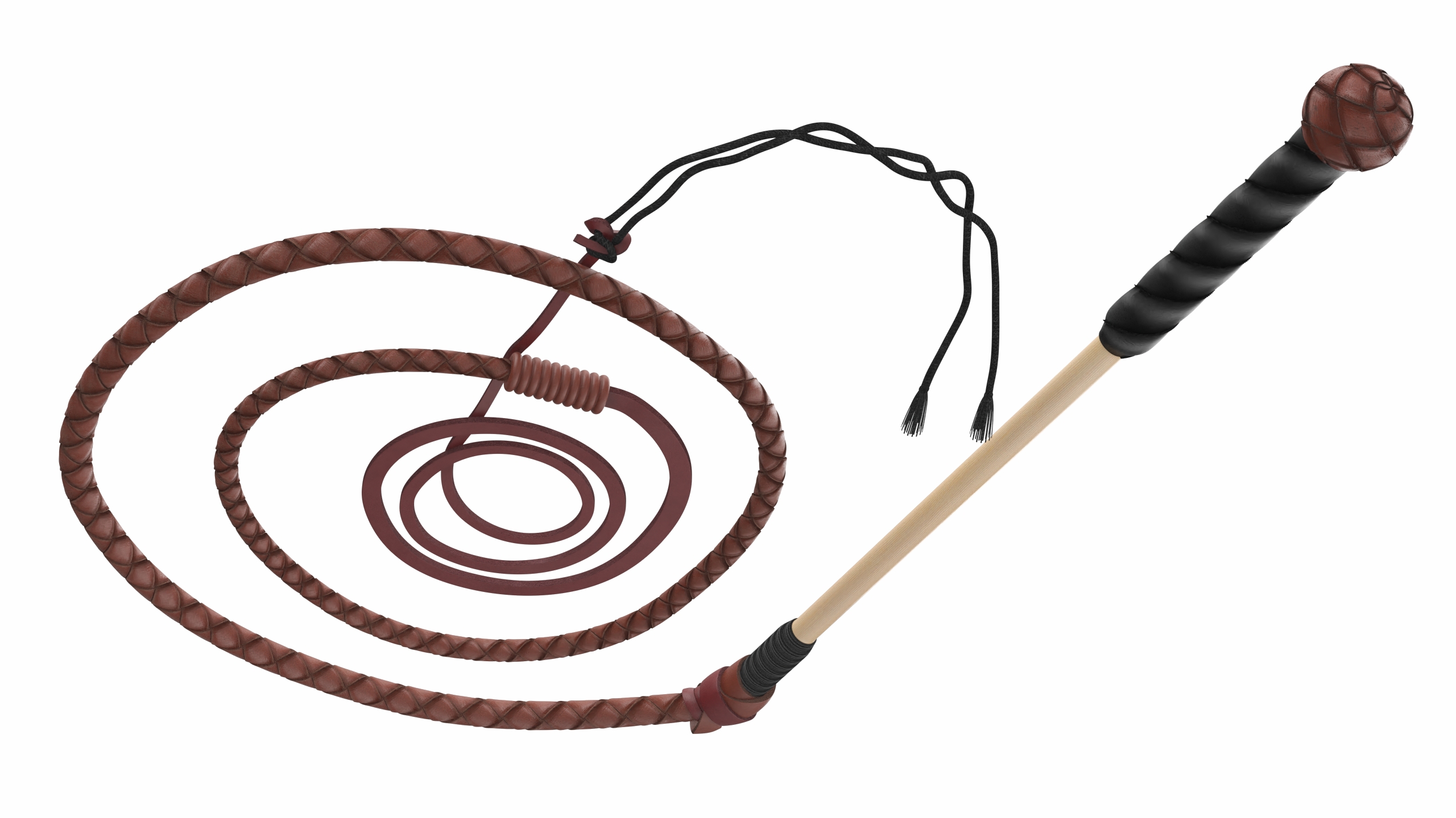Braided Leather Bullwhip Coiled Brown 3D