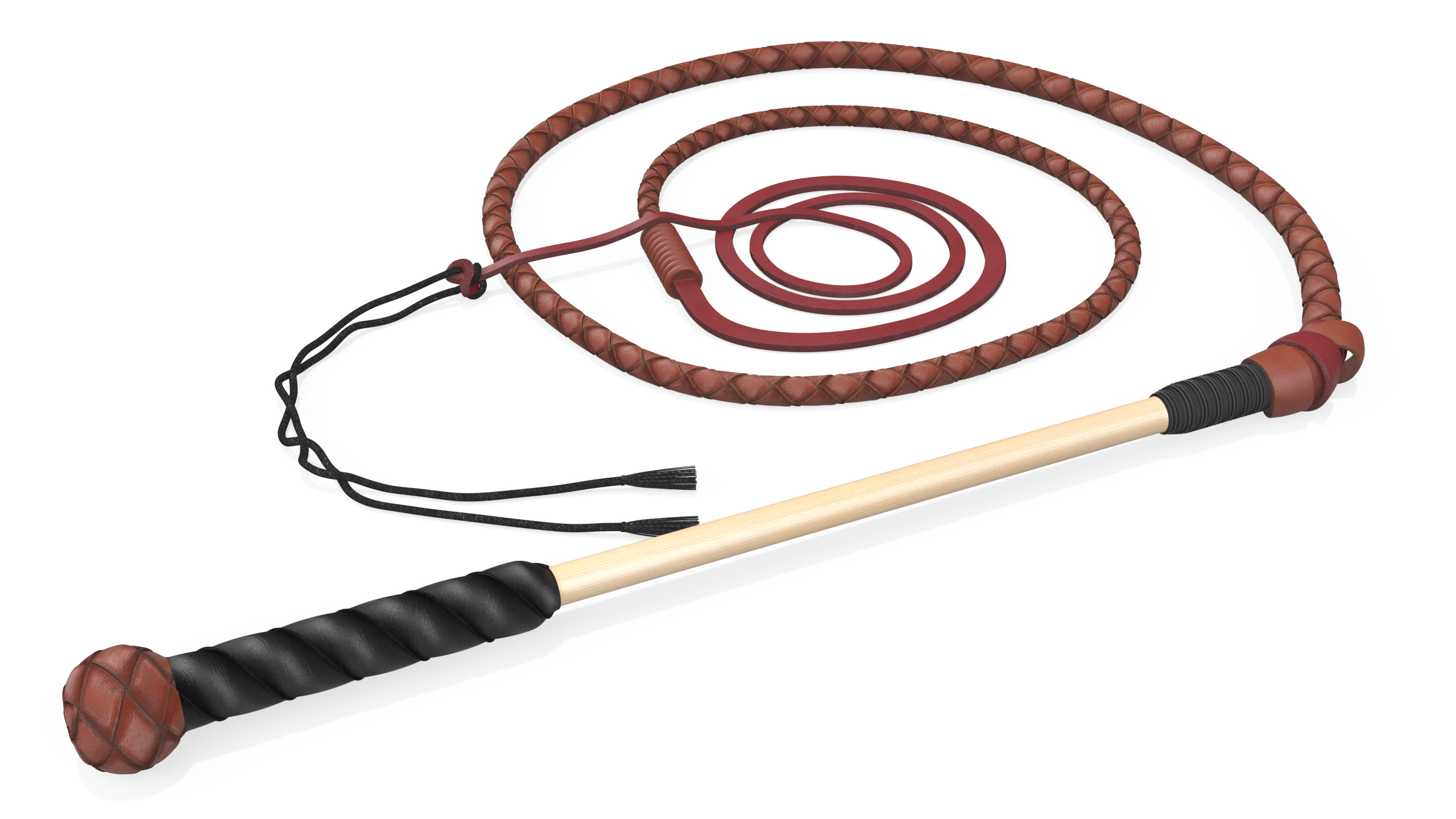 Braided Leather Bullwhip Coiled Brown 3D