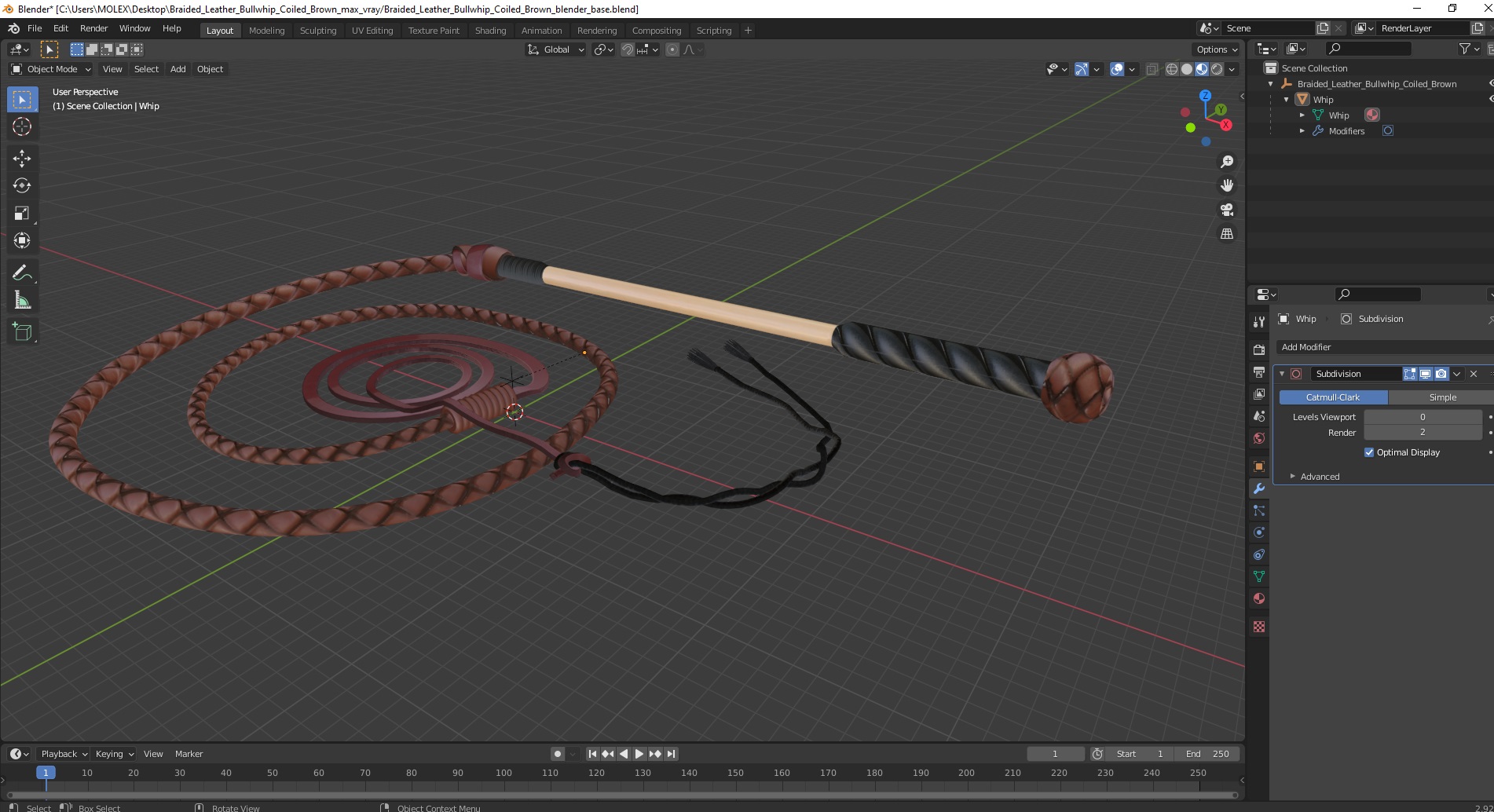 Braided Leather Bullwhip Coiled Brown 3D