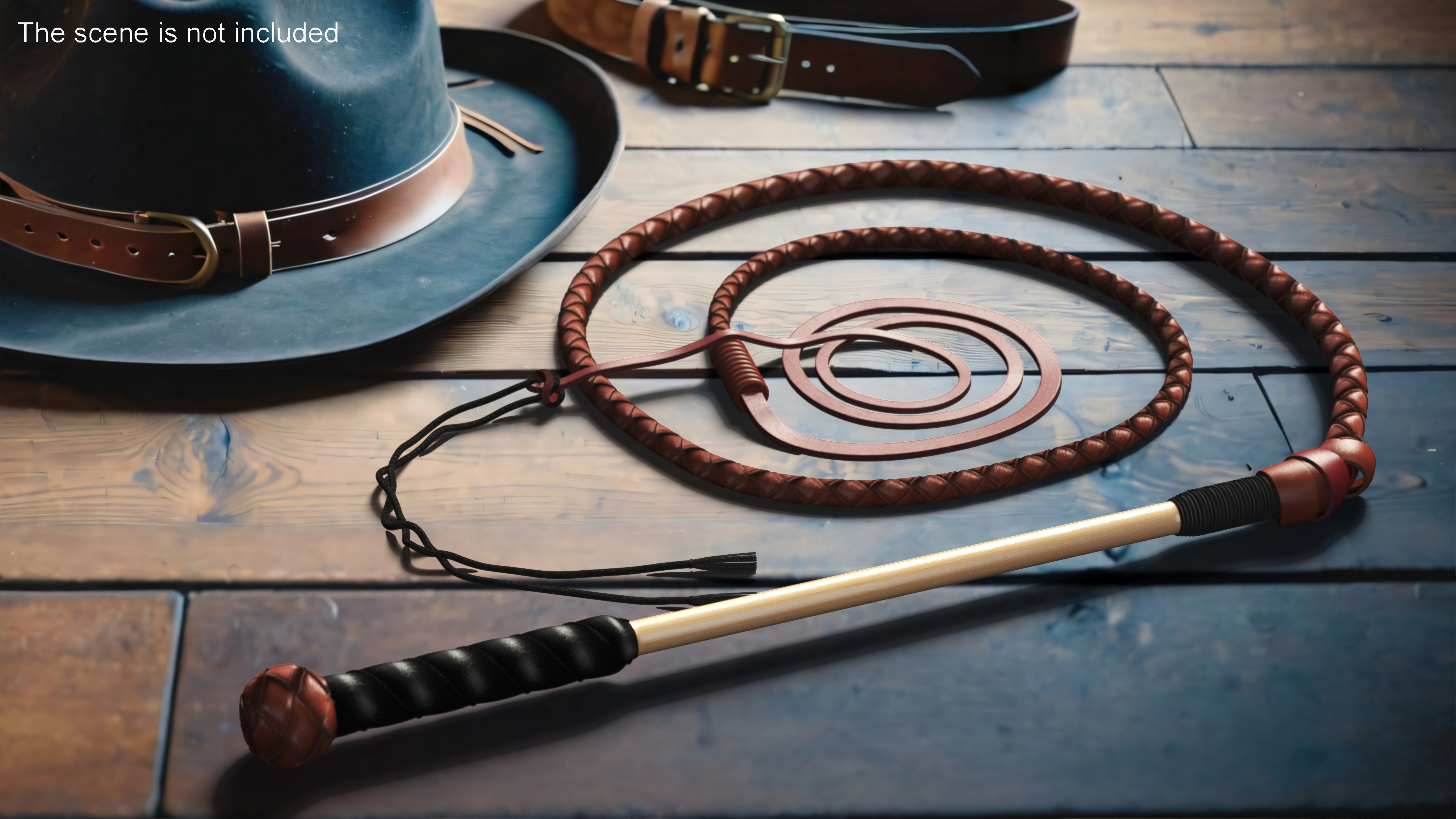 Braided Leather Bullwhip Coiled Brown 3D