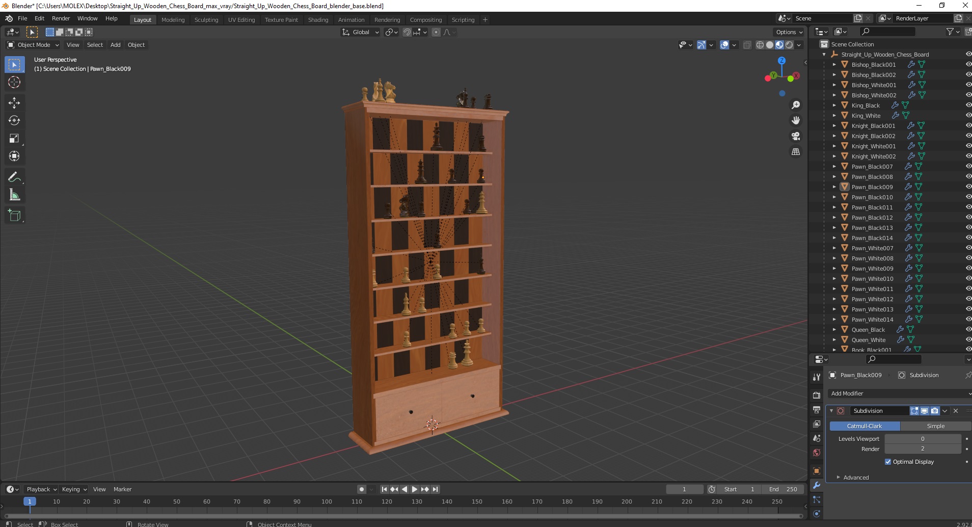 3D model Straight Up Wooden Chess Board
