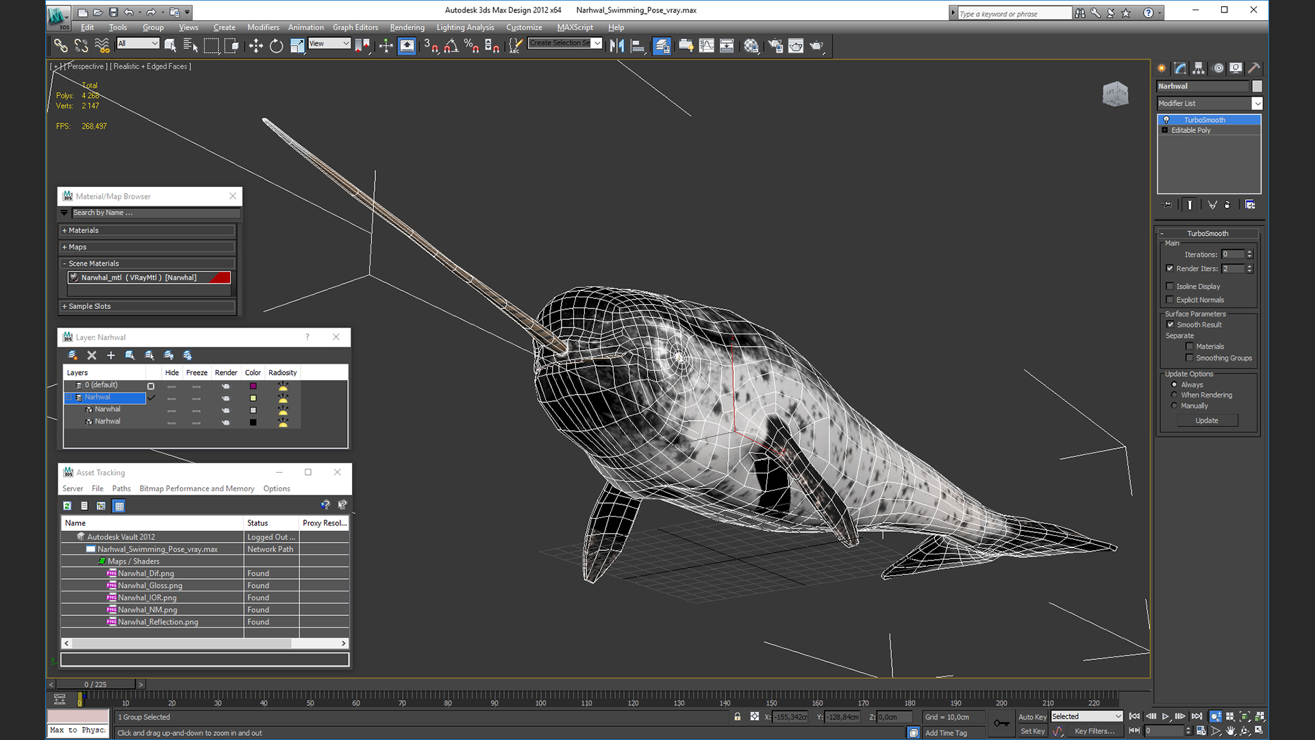 3D Narhwal Swimming Pose