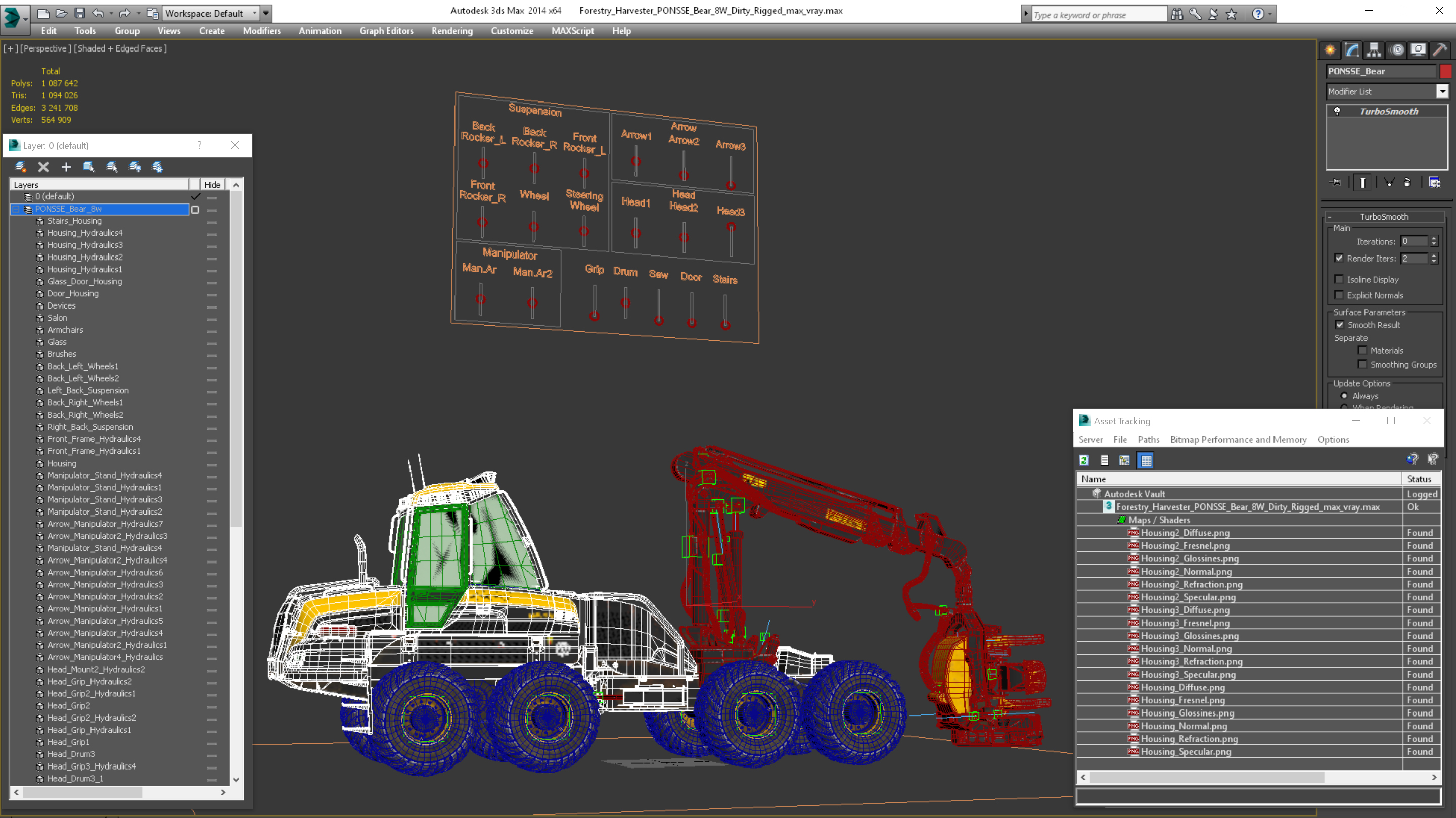 3D model Forestry Harvester PONSSE Bear 8W Dirty Rigged for Maya