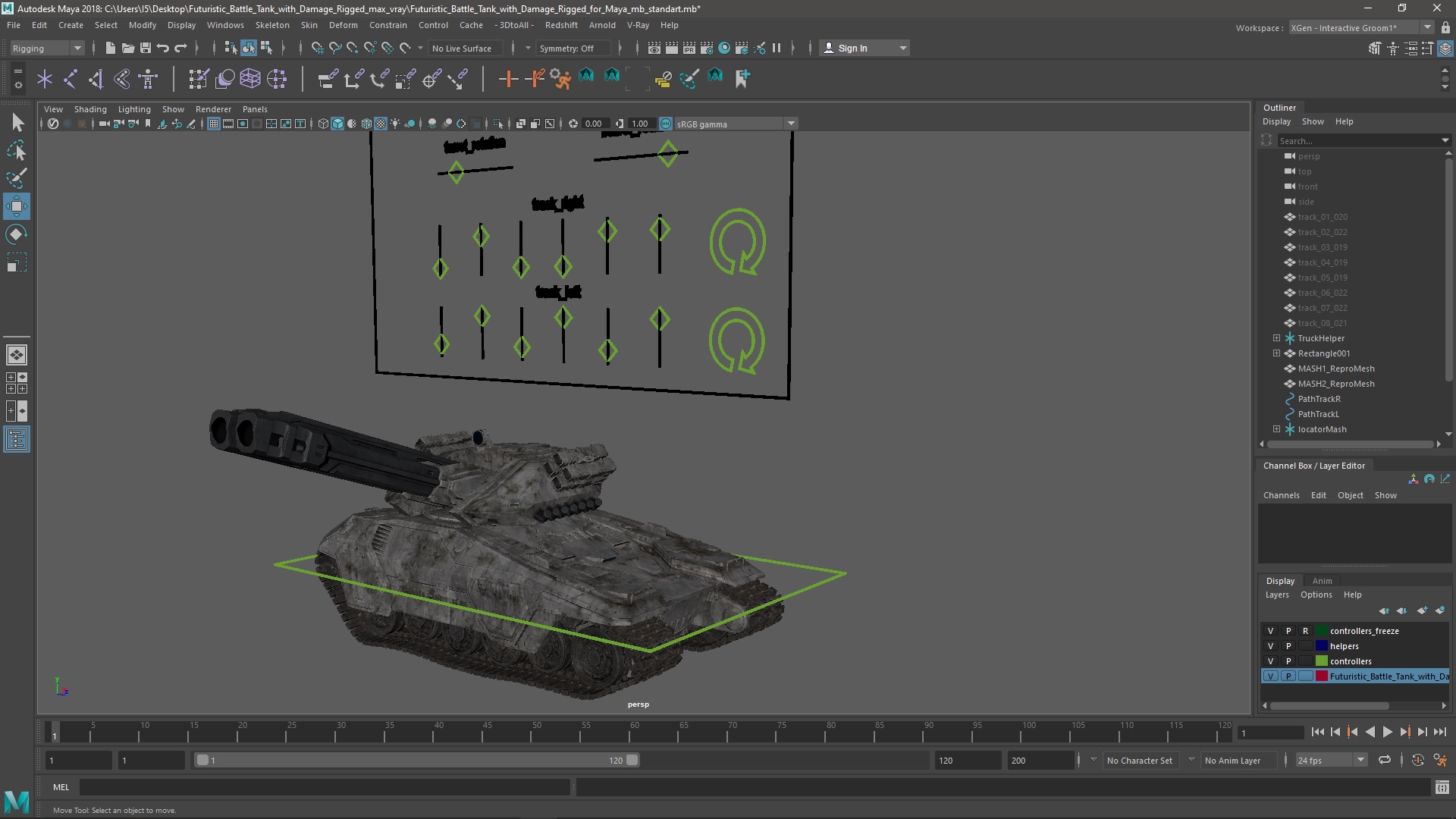 3D model Futuristic Battle Tank with Damage Rigged for Maya