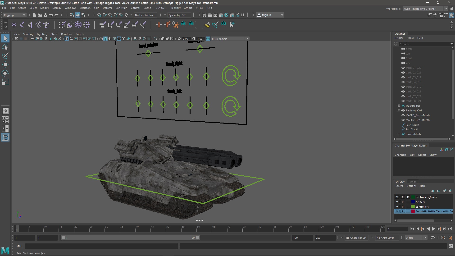 3D model Futuristic Battle Tank with Damage Rigged for Maya