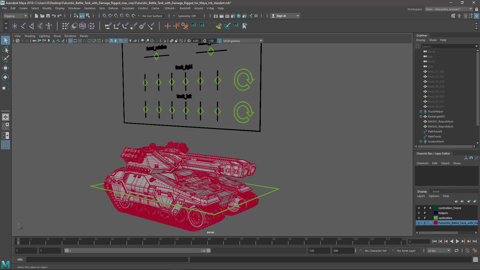 3D model Futuristic Battle Tank with Damage Rigged for Maya