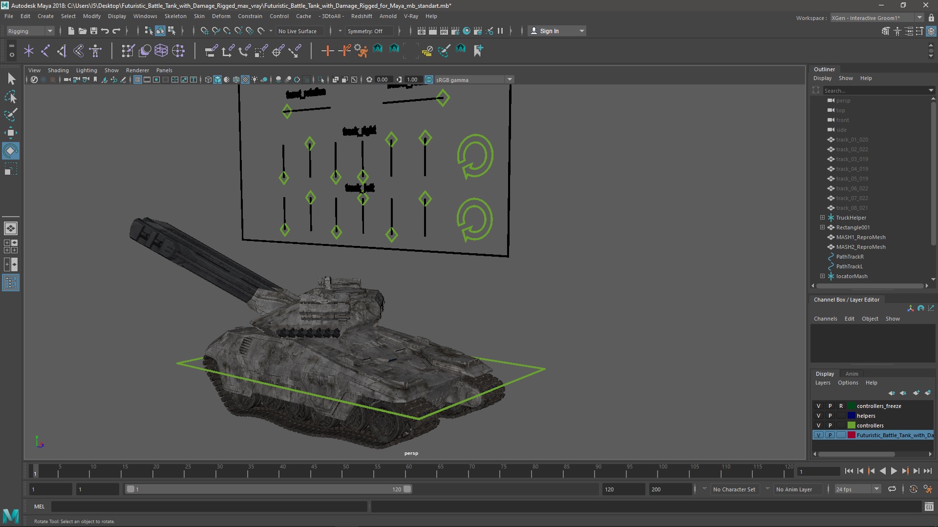 3D model Futuristic Battle Tank with Damage Rigged for Maya