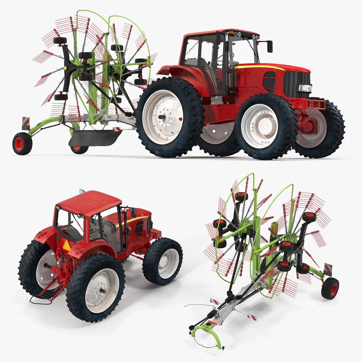 Tractor with Twin Rotor Rake Claas Liner 2700 Stationary 3D model preview